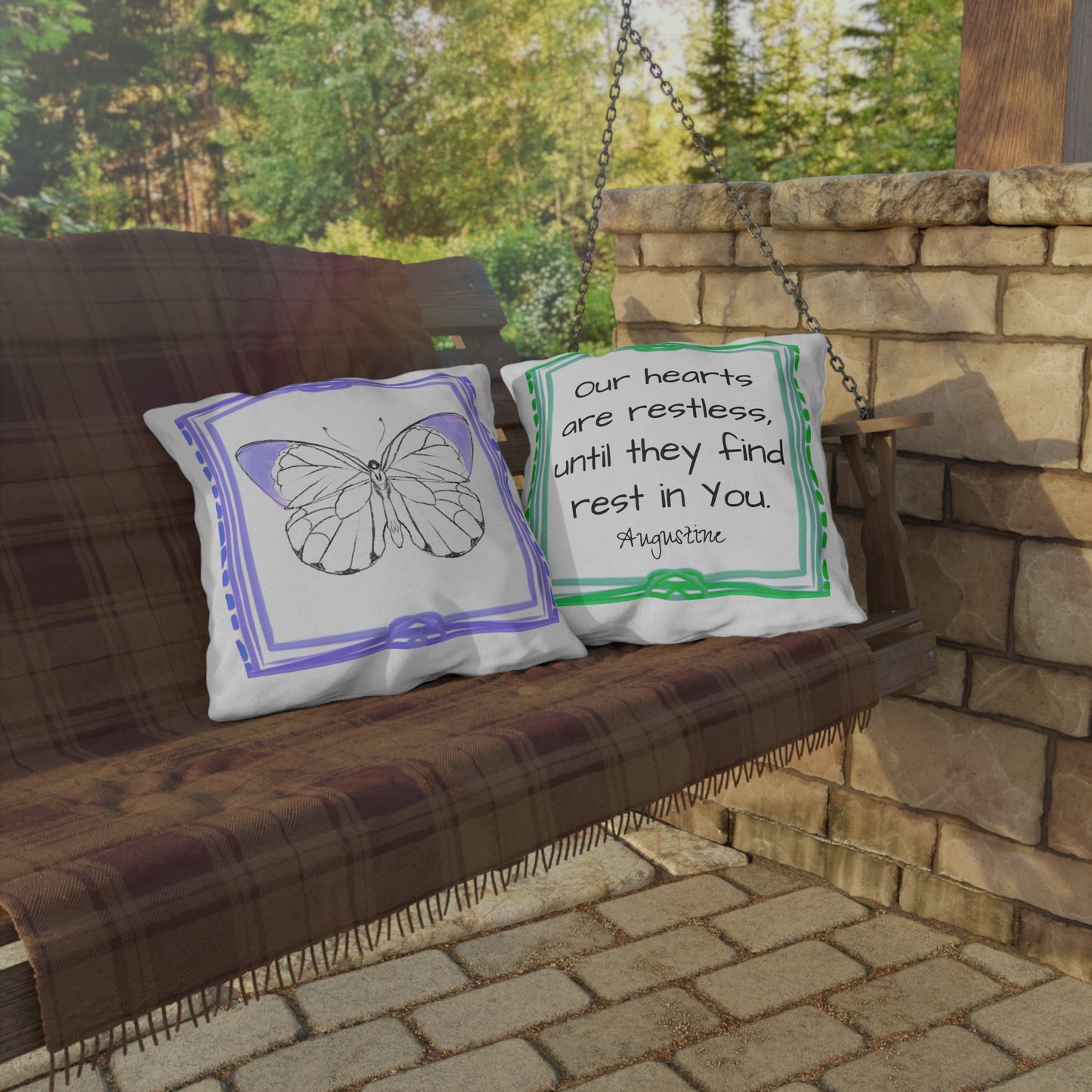 Chroma Outdoor Pillow Lilac "Our hearts are restless..."