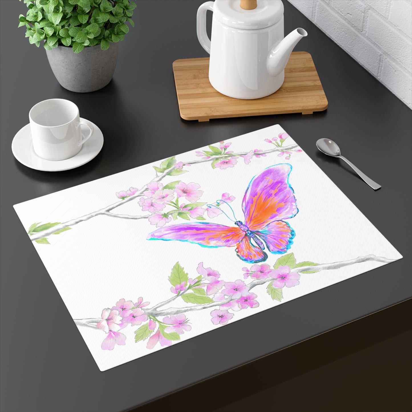 Butterfly Blossom Glide Cotton Twill, Creamier White, Placemat, 1pc Pink #10