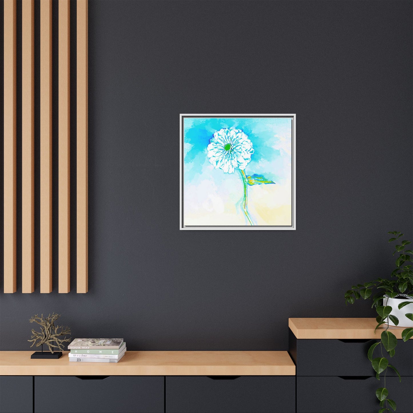 Zinnia Color Splash Matte Canvas Aqua Framed