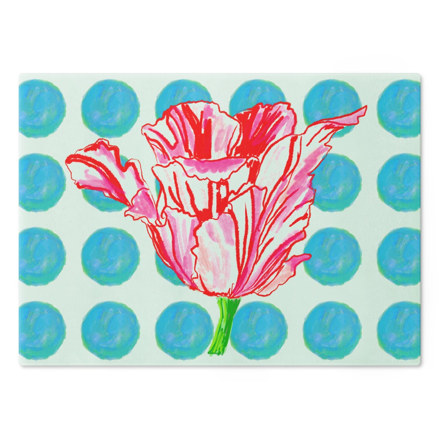Dancing Tulips Cutting Board, Aqua Polka Dots