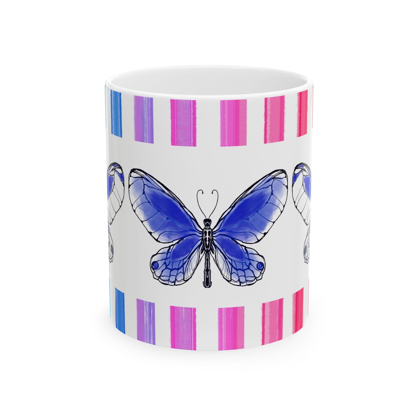 Butterfly Rainbow Stripe Ceramic Mug in Royal Blue with Multi-color Striped Border, (Available in 2 sizes 11oz and 15oz)