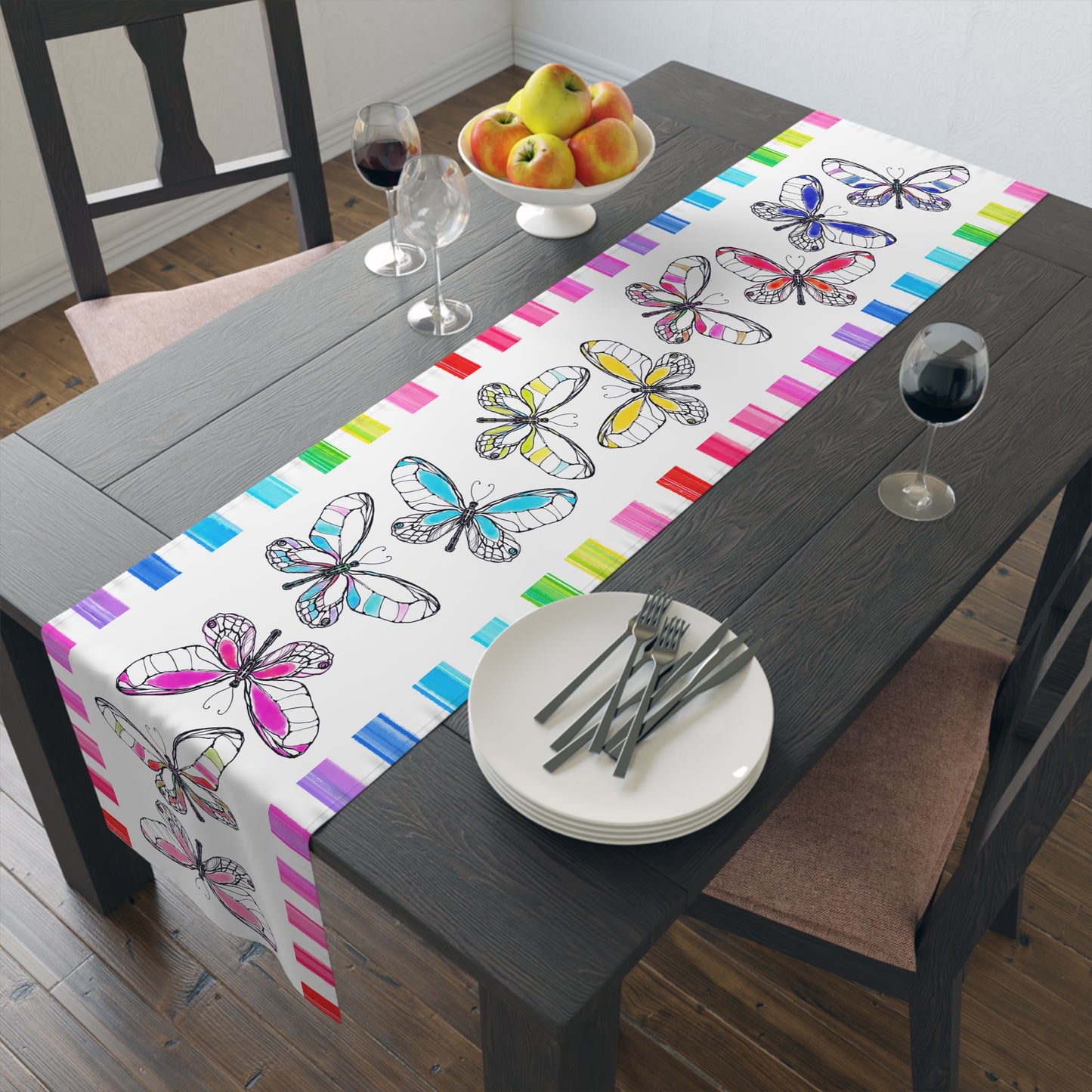 Butterfly Flutterstripe Table Runner in Multi-color with Checked Border 1 size ( 16" Γ 72") available in Cotton "creamier" & Polyester "whiter"