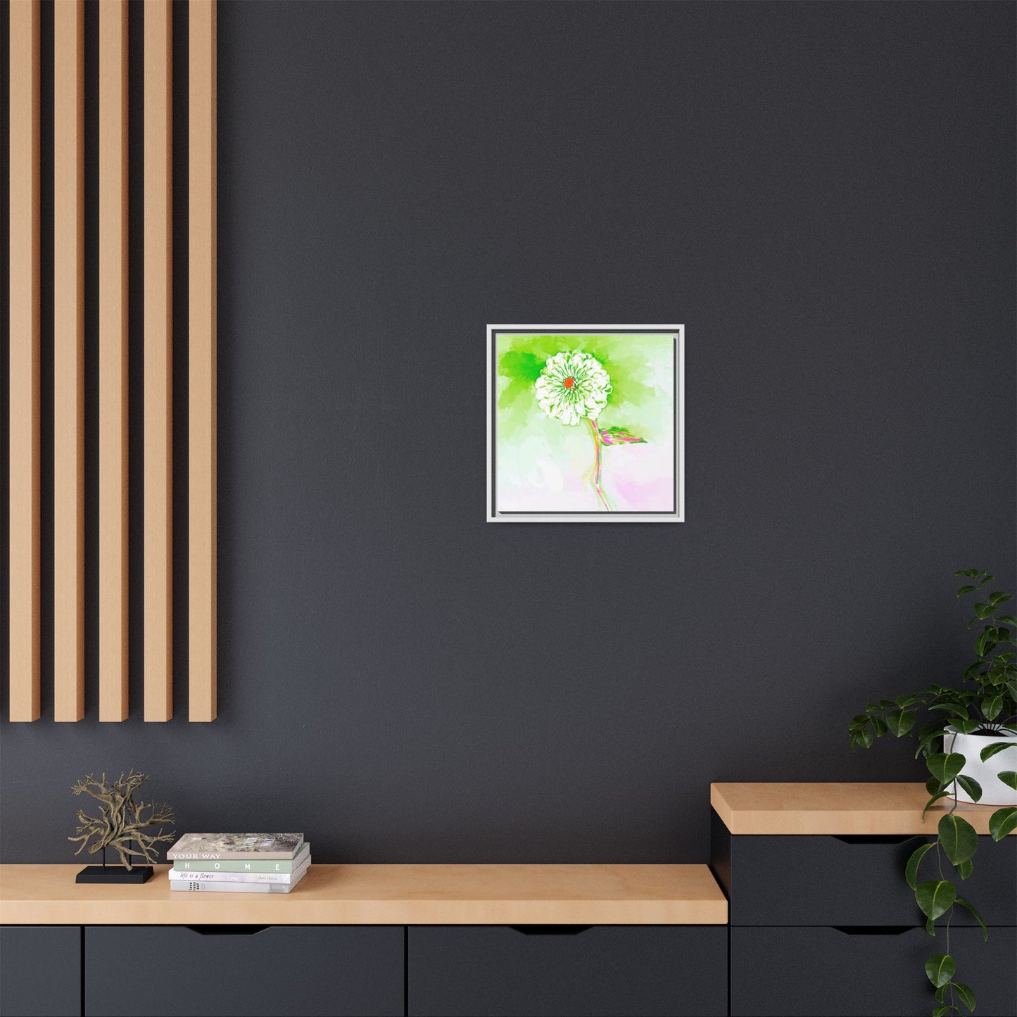 Zinnia Color Splash Matte Canvas Yellow Green Framed