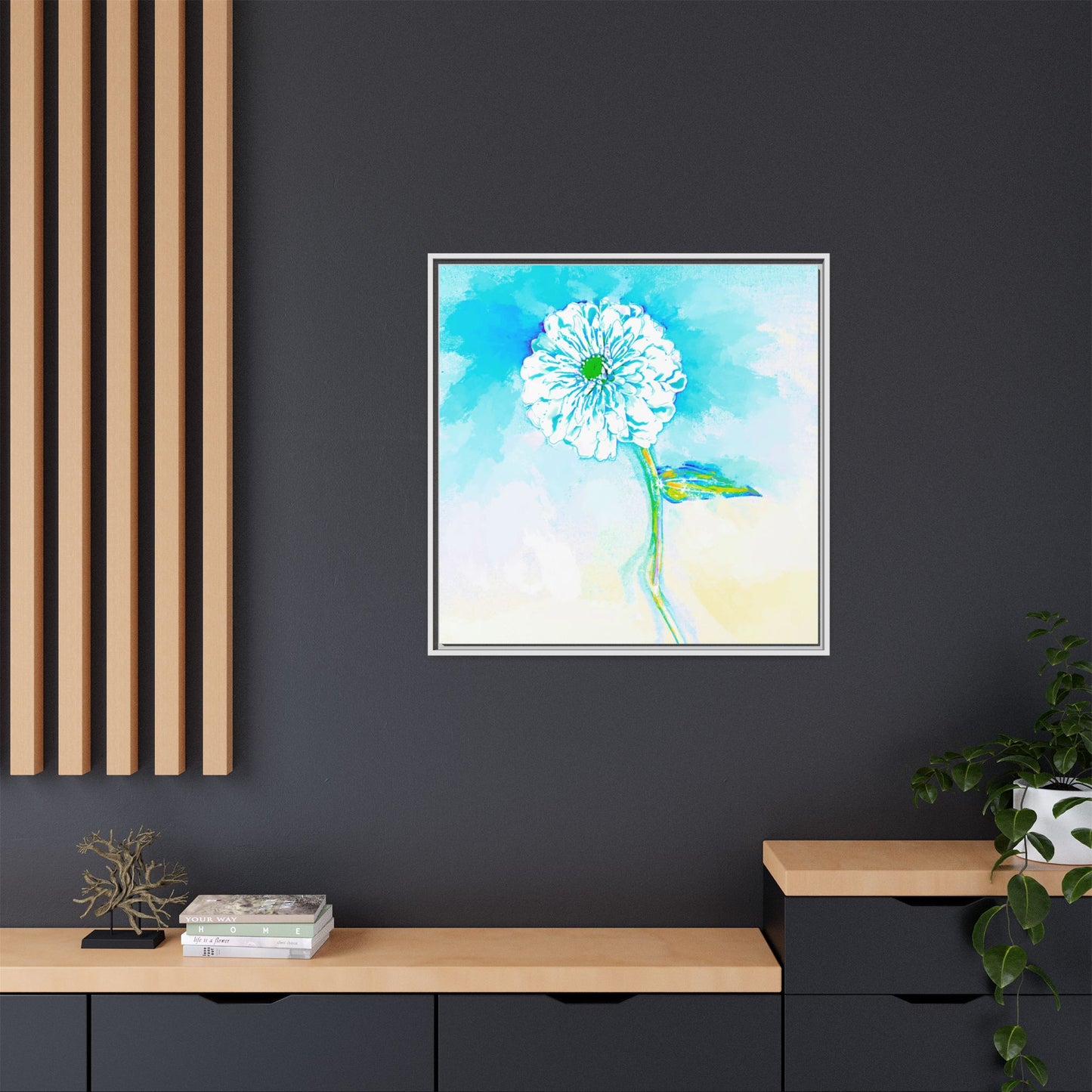 Zinnia Color Splash Matte Canvas Aqua Framed
