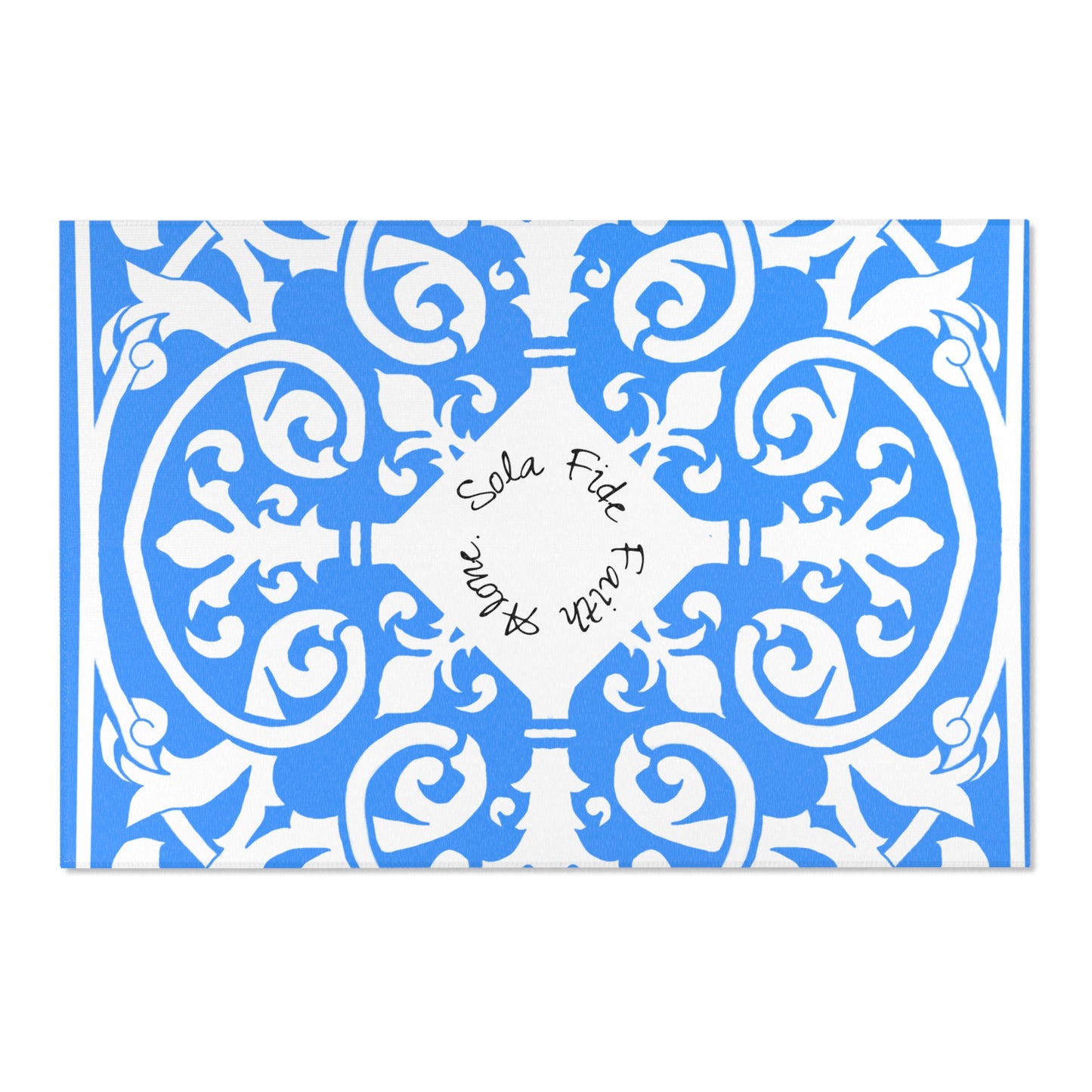 Scrollwork Indoor/Outdoor Rug Blue "Sola Fide..."