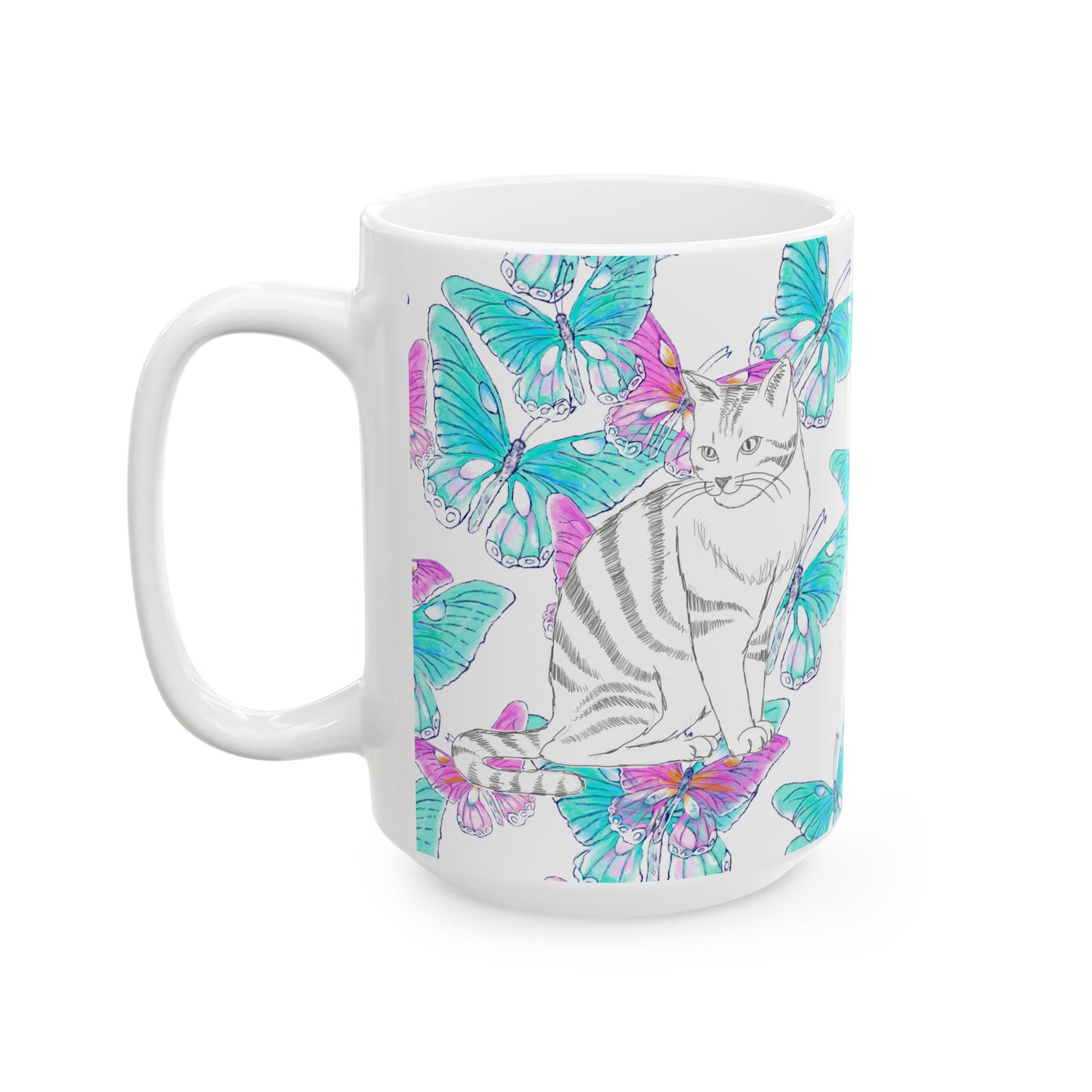 Kitty Flutter Ceramic Mug, Pink/Aqua, (11oz, 15oz)