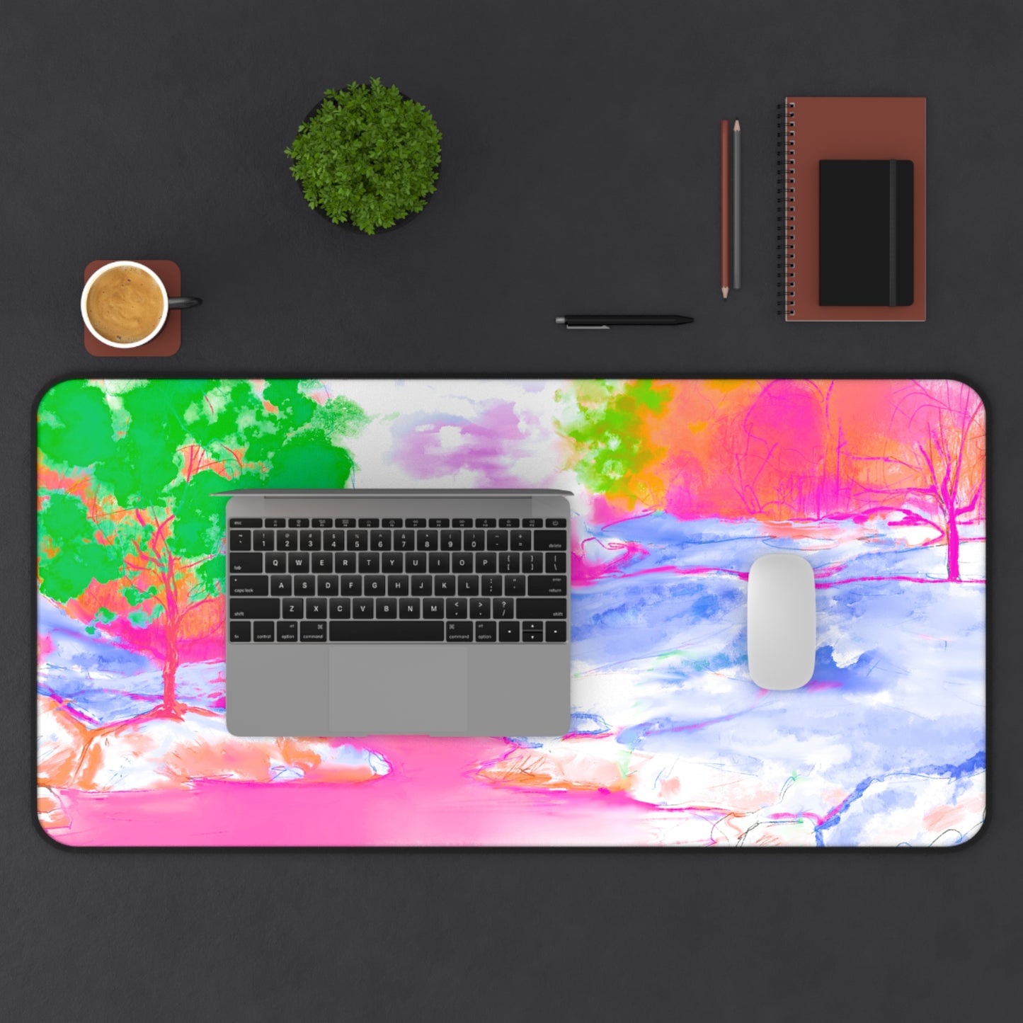 Joyful Landscapes Desk Mat, Pink, Green , Periwinkle