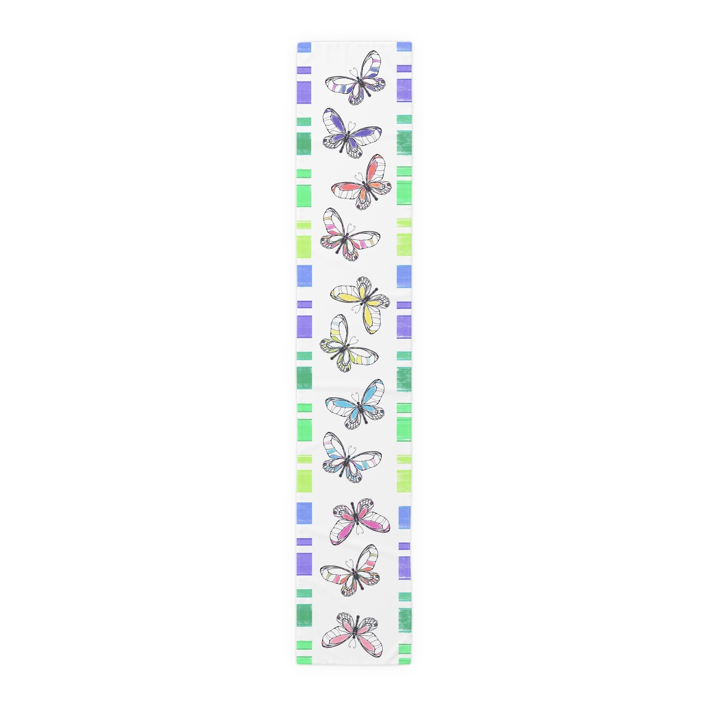 Butterfly Flutterstripe Table Runner in Multi-color With Blue/Green Border 1 size ( 16" Γ 90") (available in Cotton (Creamier) & Polyester (Whiter)