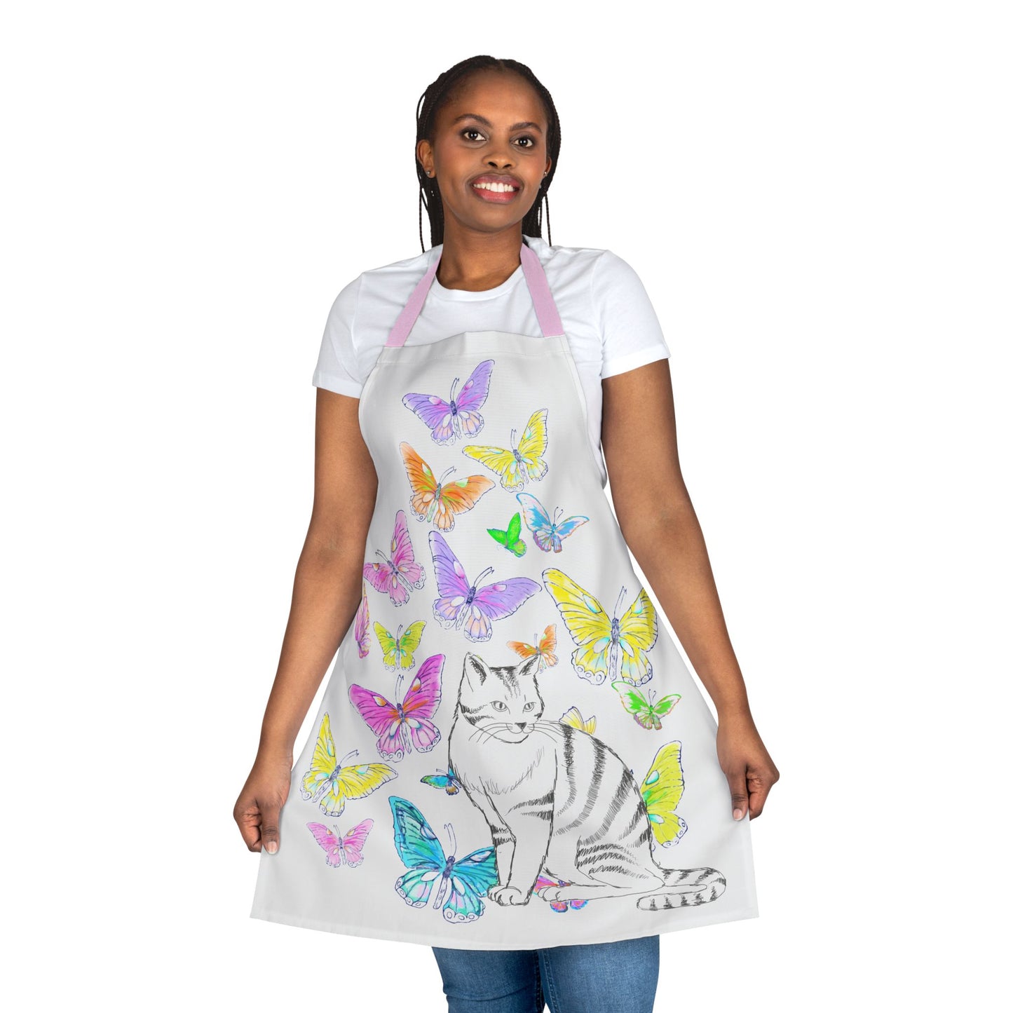 Kitty Flutter Apron, 4-Color Straps, Stripe Cat