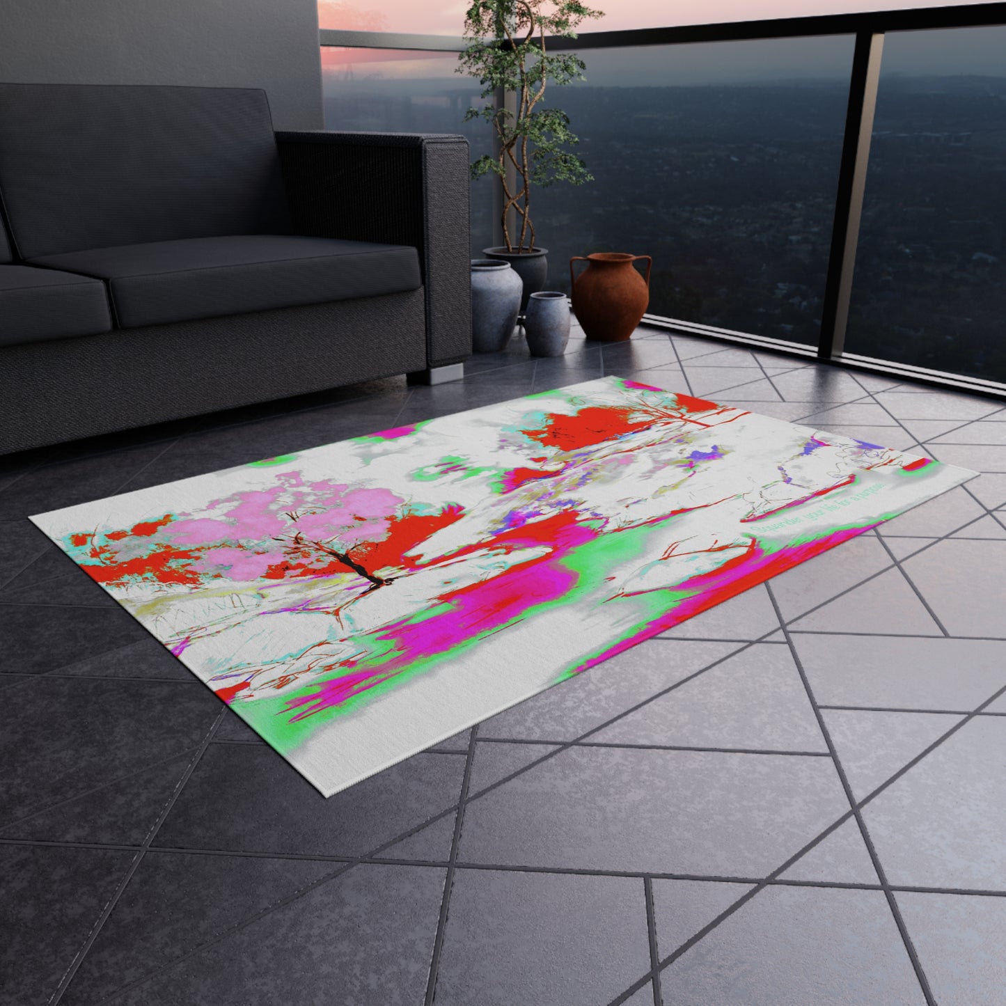 Inspirational Landscapes Indoor/Outdoor Rug, "Squander your life for a purpose", Red and Pink Non-slip