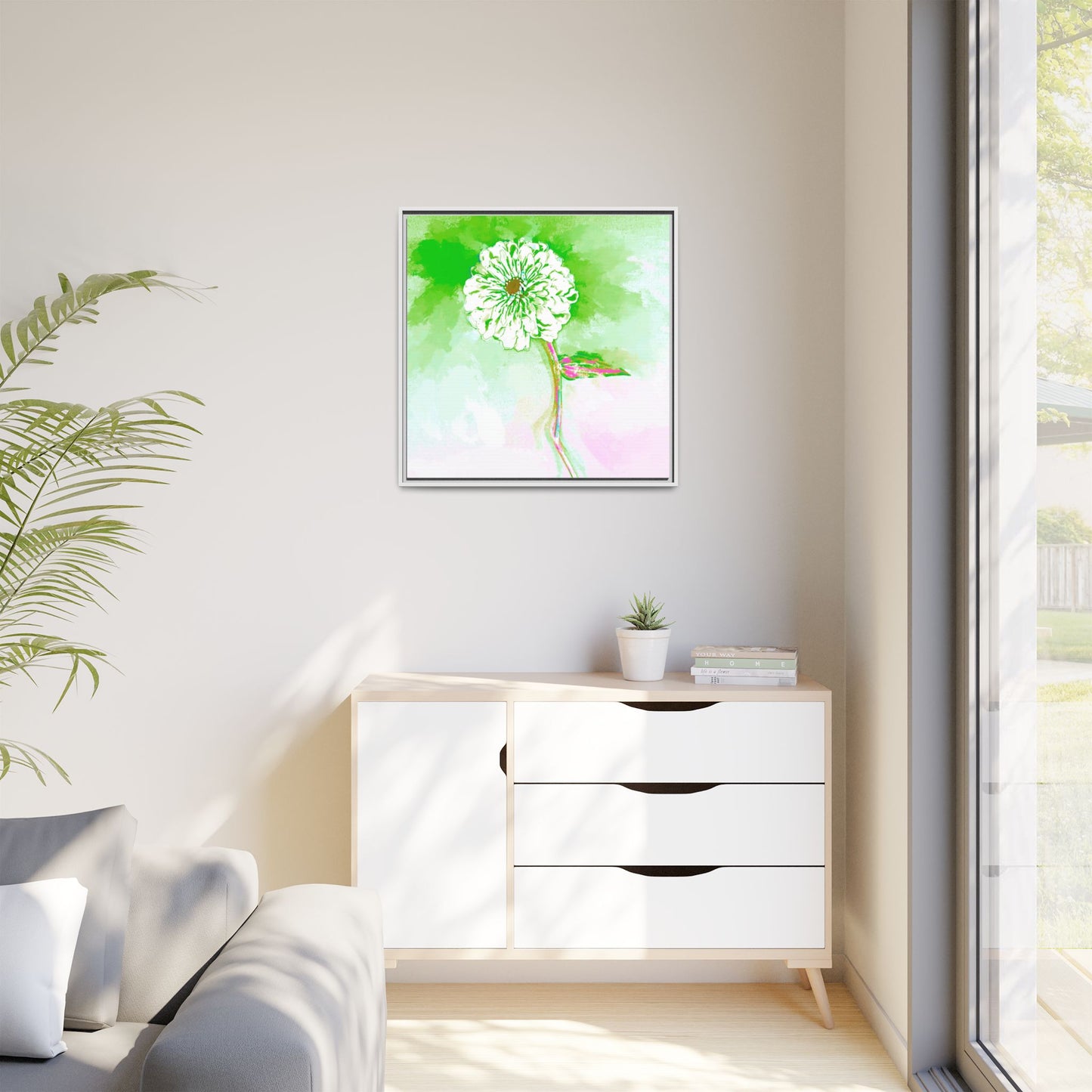 Zinnia Color Splash Matte Canvas Grass Green Framed