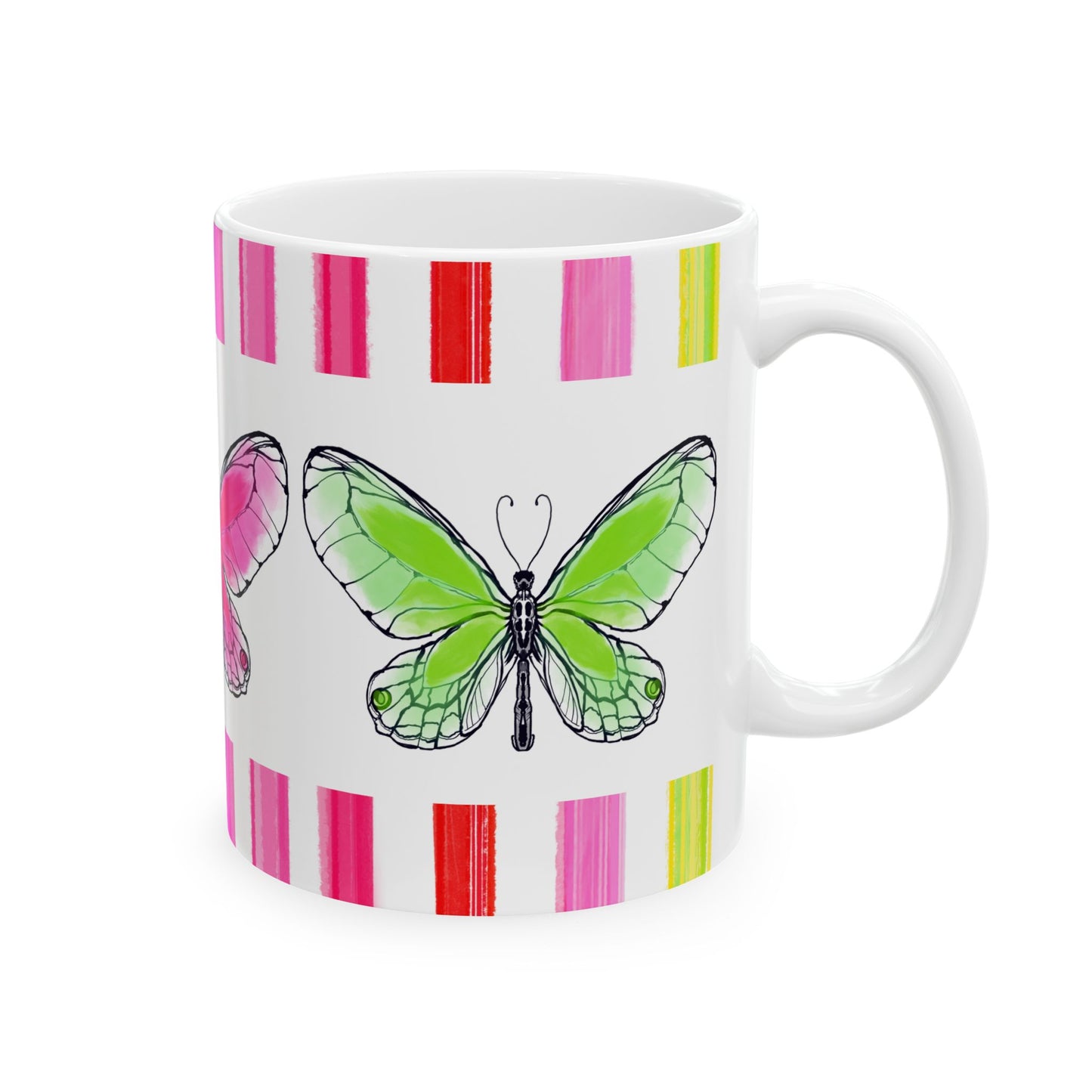 Butterfly Rainbow Stripe Ceramic Mug in Blue, Pink, and Green with Multi-color Striped Border, (Available in 2 sizes 11oz and 15oz)