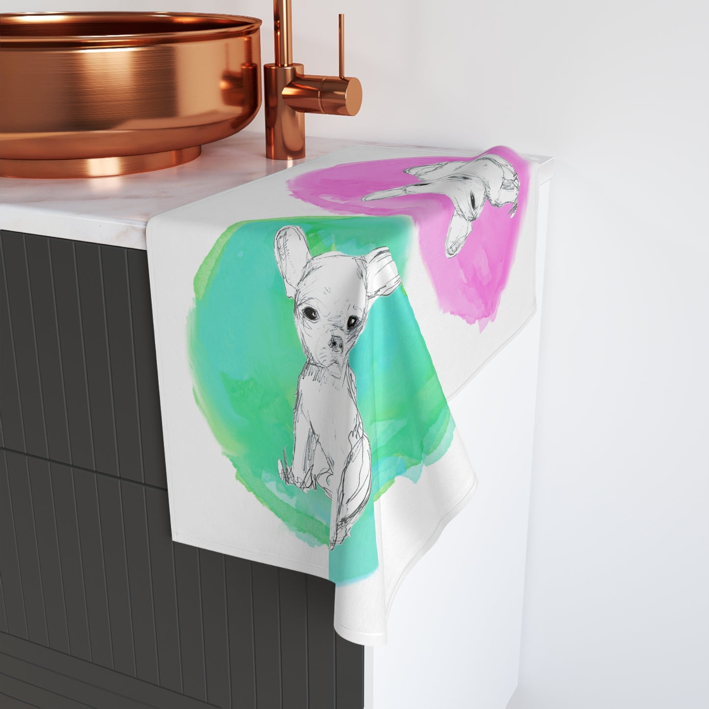 Dogi Fun Circles and Chihuahuas Hand Towel in Raspberry and Aqua-Green