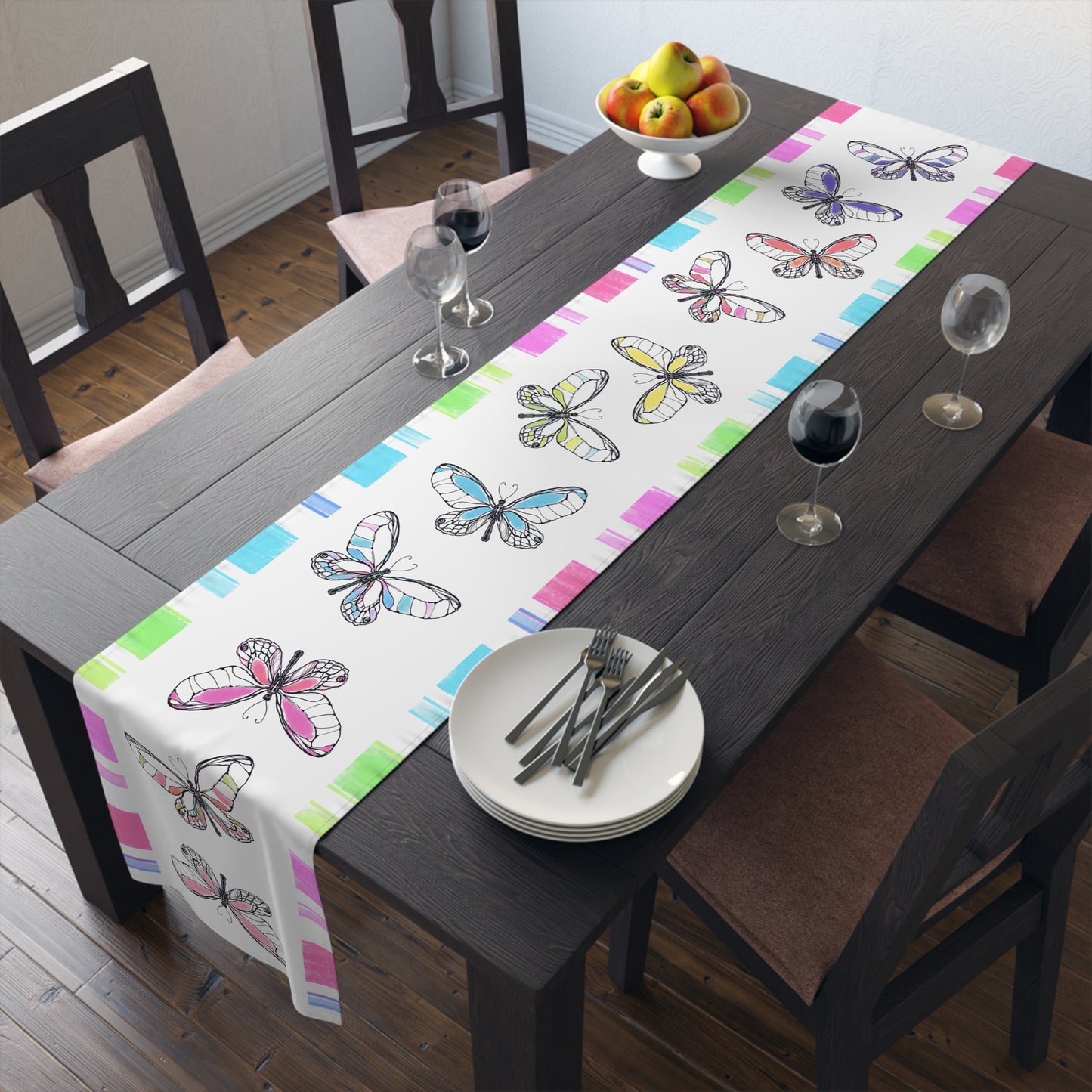 Butterfly Flutterstripe Table Runner in Multi-color With Pink, Blue, Green Border 1 size ( 16" × 90")  (available in Cotton (Creamier) & Polyester (Whiter)
