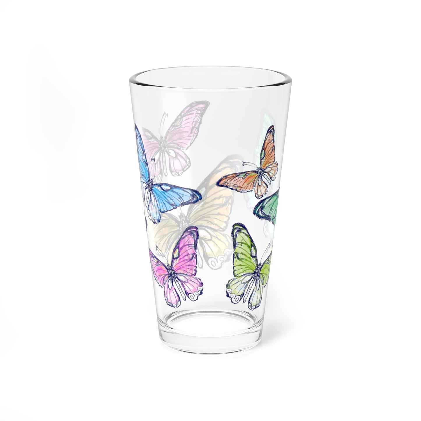 Blossom Whirl Pint Glass, 16oz Largest Butterfly is Yellow Orange