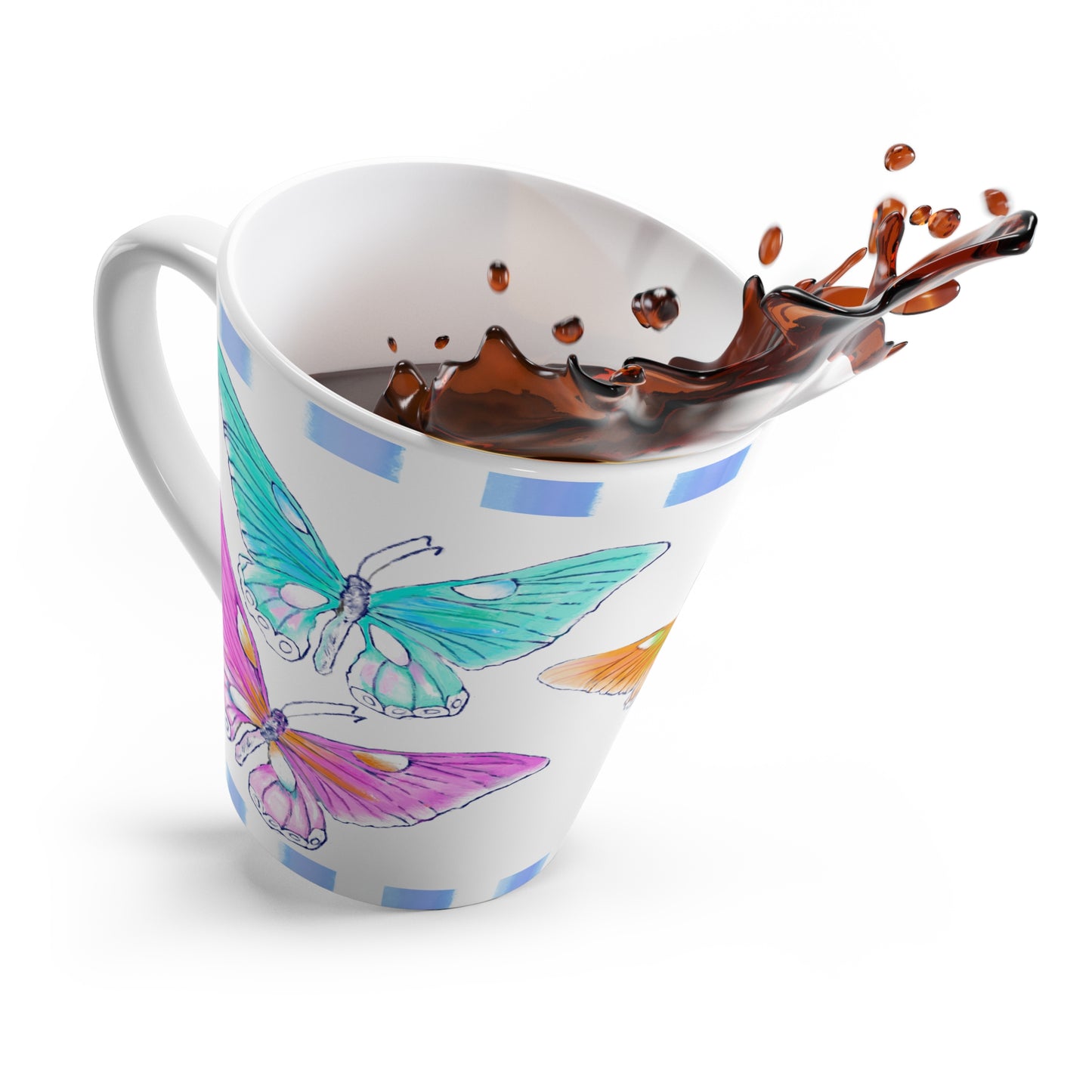 Butterfly Swing Latte Mug Aqua, Lilac, Pink , Orange, Yellow Butterflies, Blue Stripe