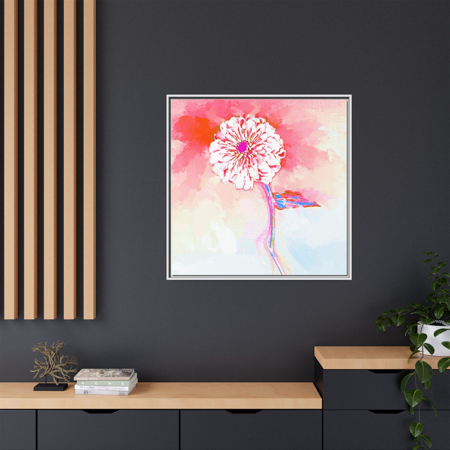 Zinnia Color Splash Matte Canvas Light Red Framed