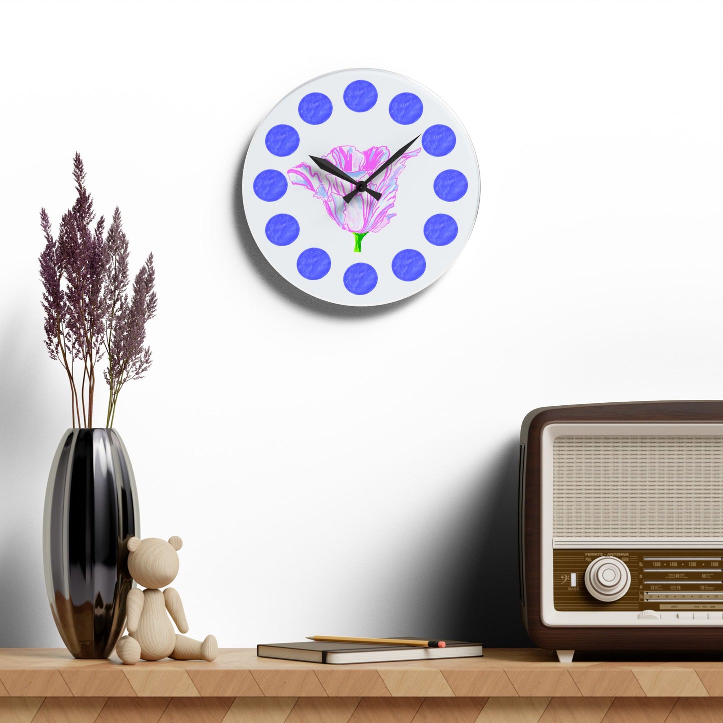 Tulip Love Acrylic Wall Clock, Blue dots Pink Tulip