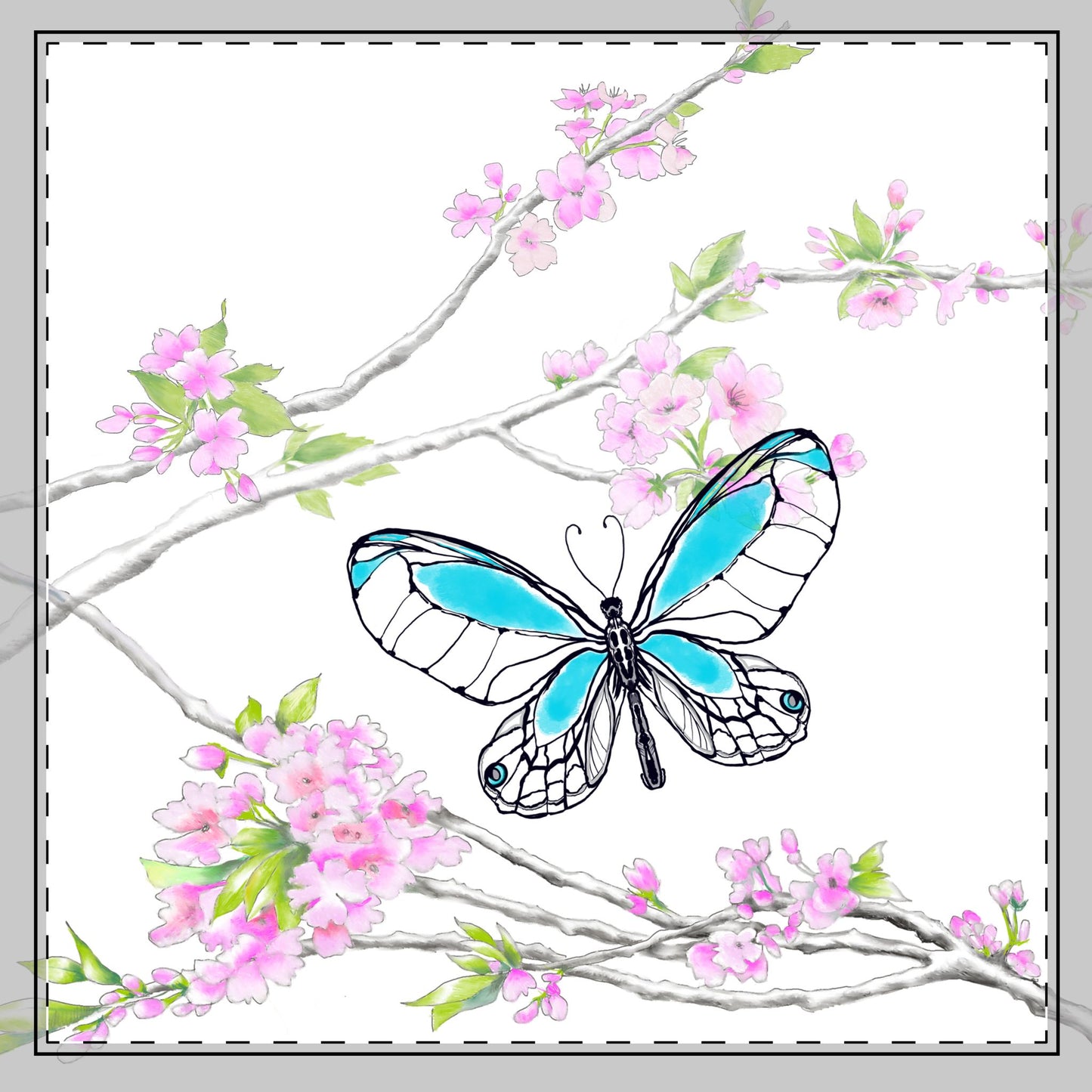 Butterfly Blossom Romp Cotton Twill Napkin , Aqua , Fabric Background Creamy White, #3