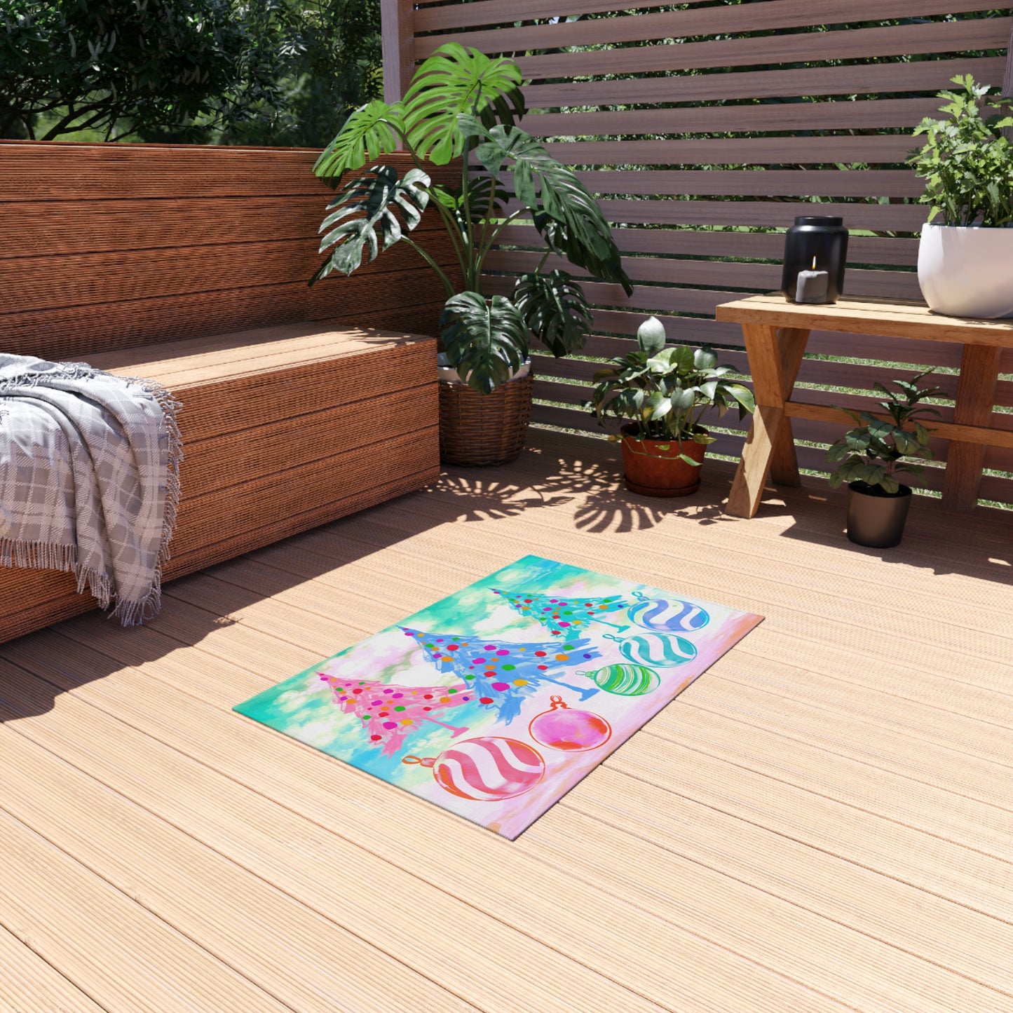 Christmas Rugs Indoor/Outdoor Christmas Trees with Striped Ornaments