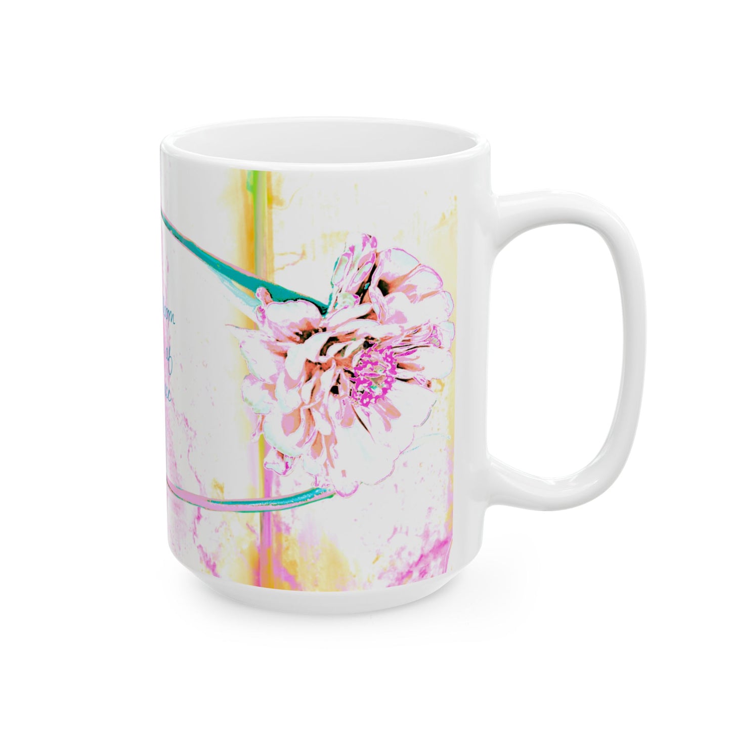Zinnia Ceramic Mug Raspberry Orange "Flowers bloom as tokens of God's grace"