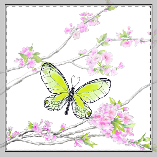 Butterfly Blossom Romp Cotton Twill Napkin , Yellow Green, Fabric Background Creamy White, #6