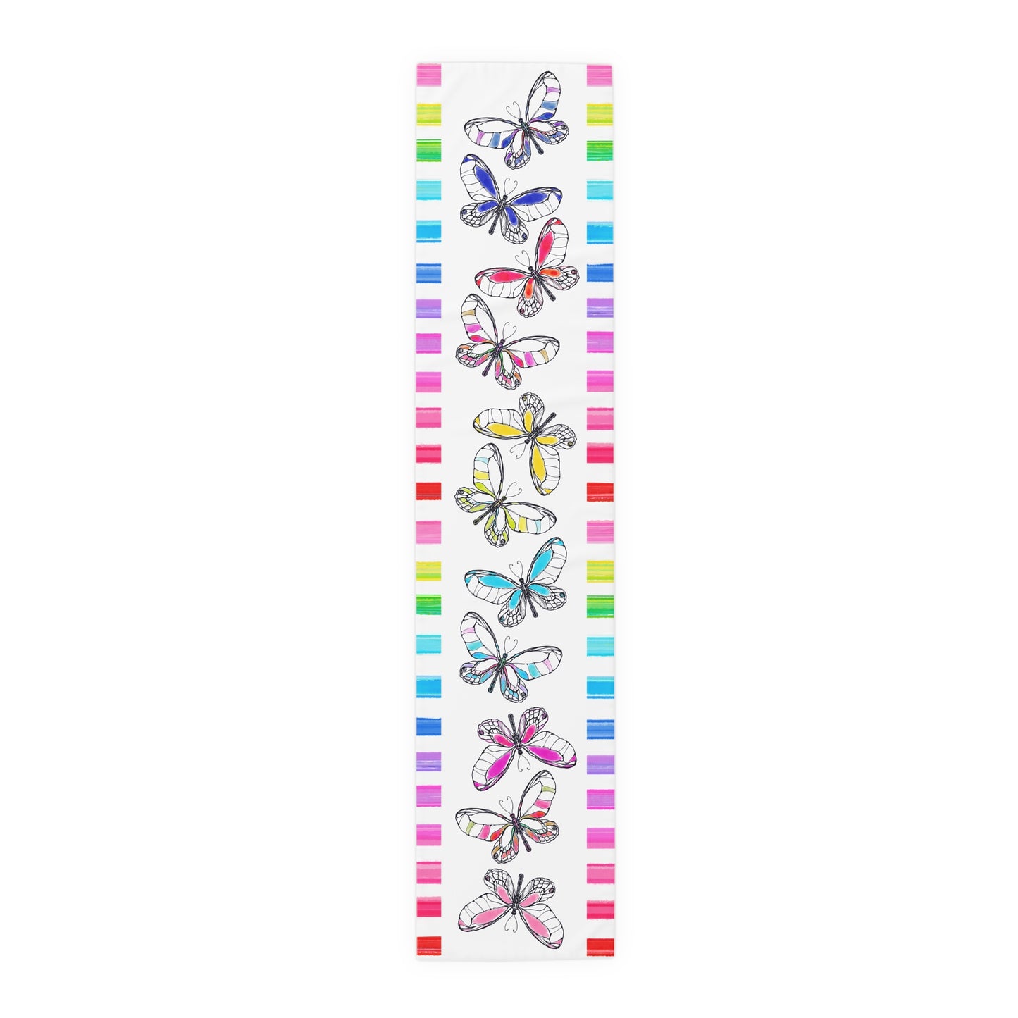 Butterfly Flutterstripe Table Runner in Multi-color with Checked Border 1 size ( 16" Γ 72") available in Cotton "creamier" & Polyester "whiter"