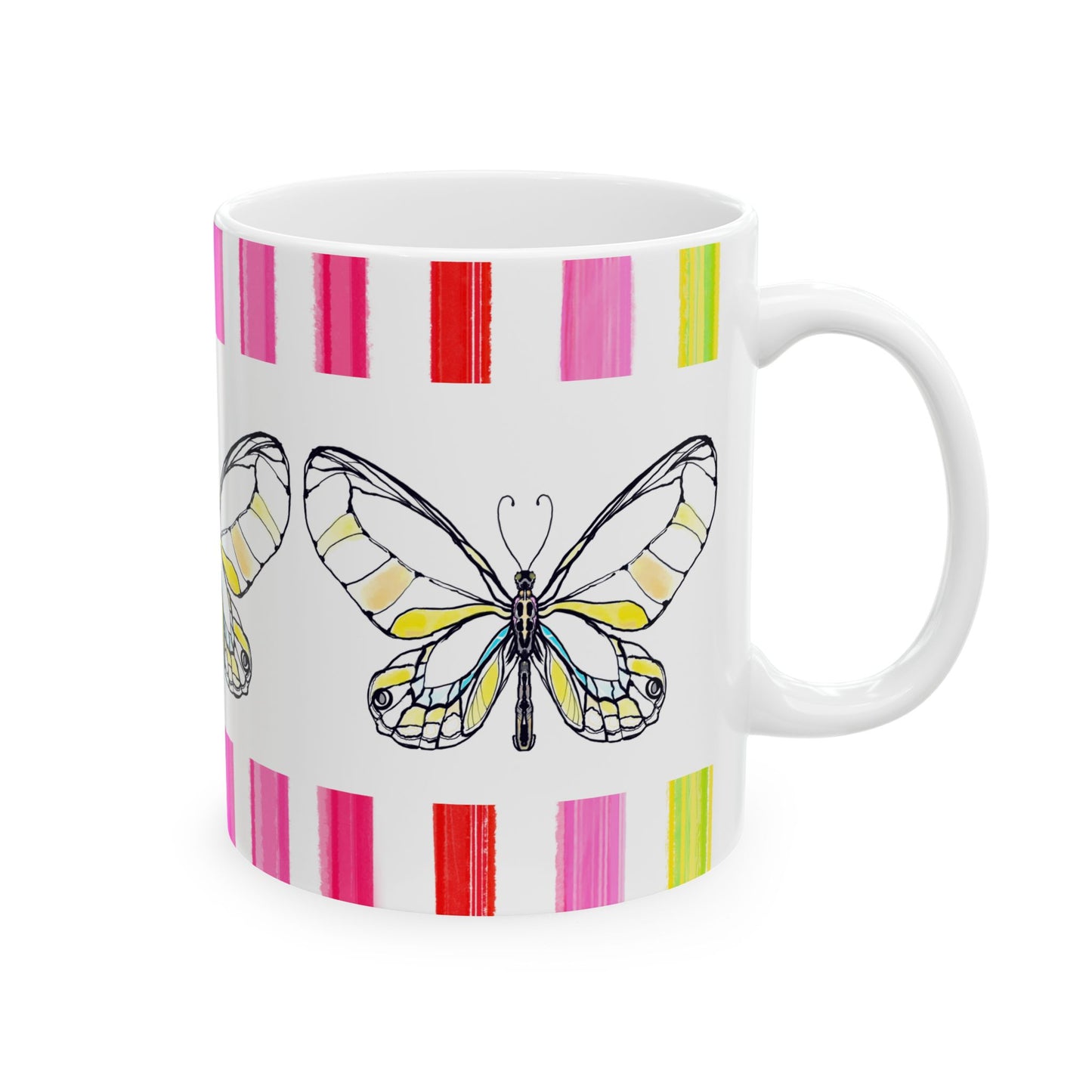 Butterfly Rainbow Stripe Ceramic Mug in Yellow with Multi-color Striped Border, (Available in 2 sizes 11oz and 15oz)