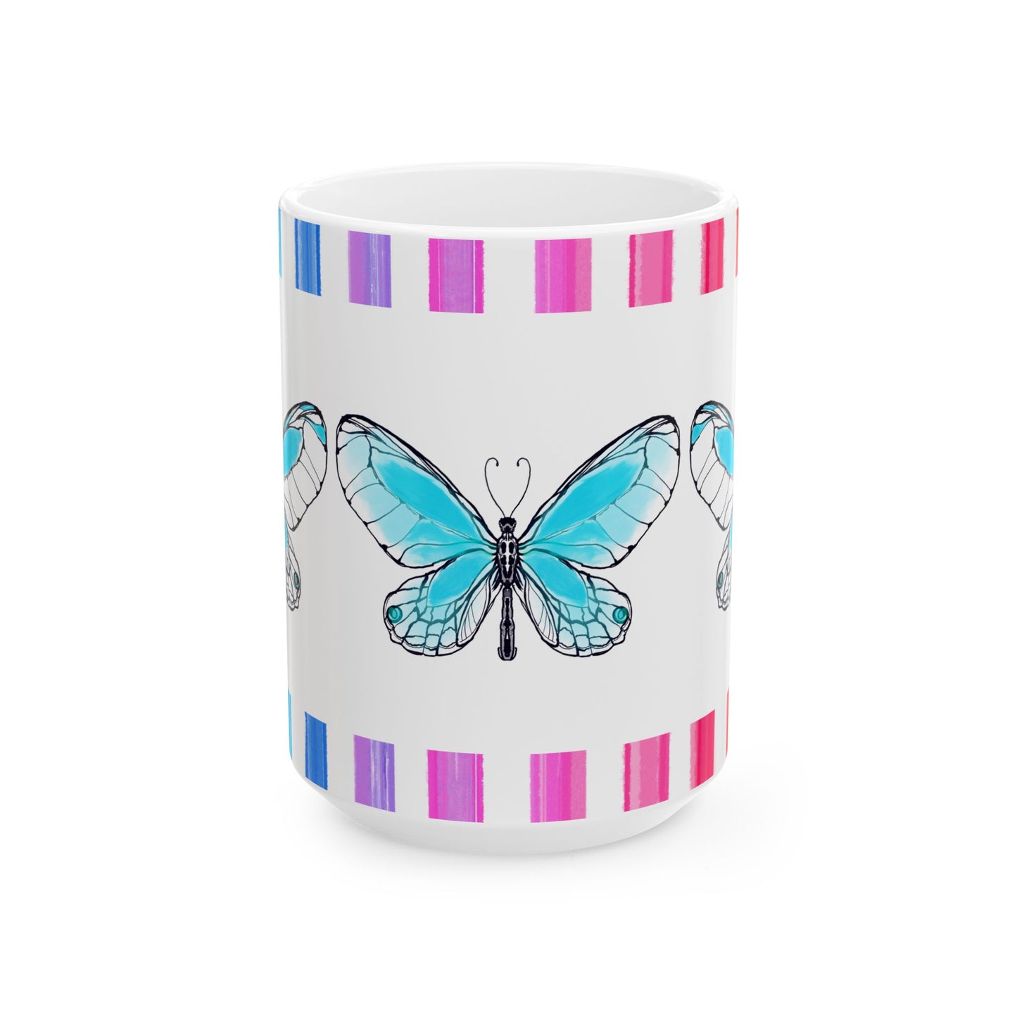 Butterfly Rainbow Stripe Ceramic Mug in Aqua with Multi-color Striped Border, (Available in 2 sizes 11oz and 15oz)