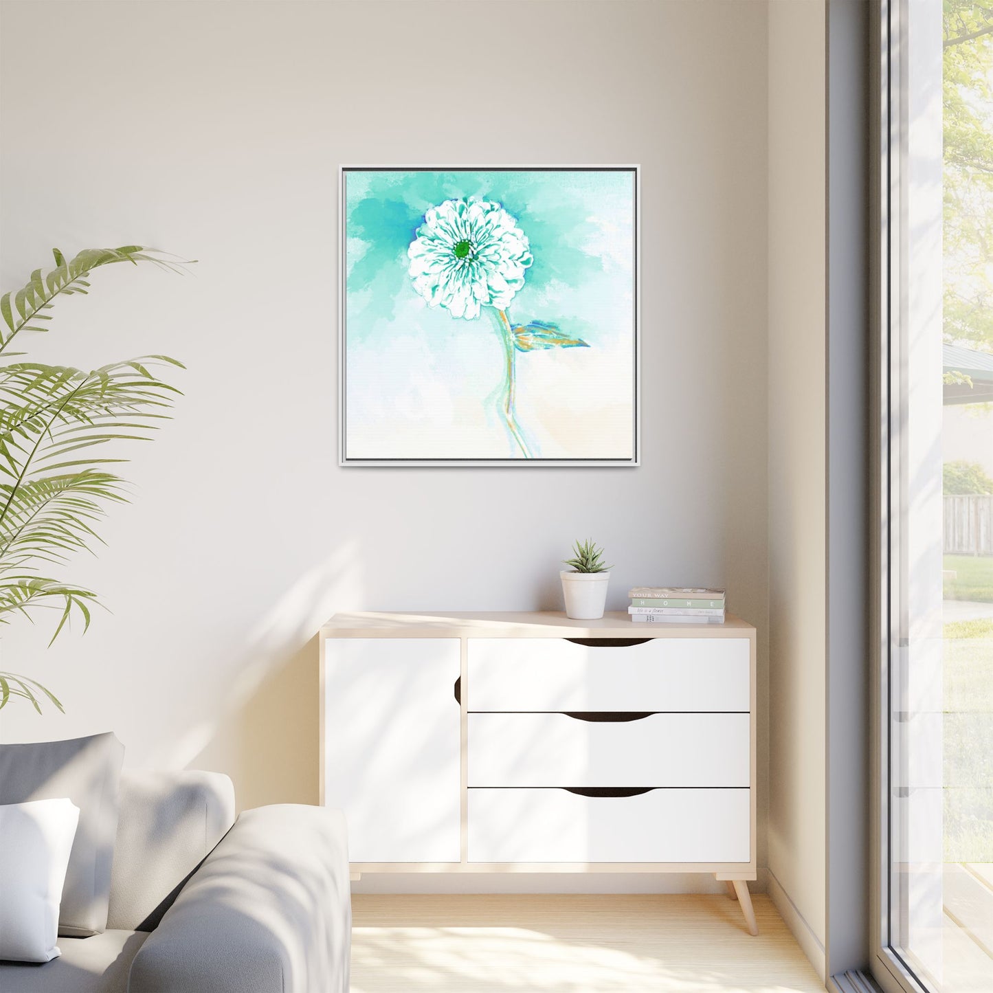 Zinnia Color Splash Matte Canvas Green Aqua Framed