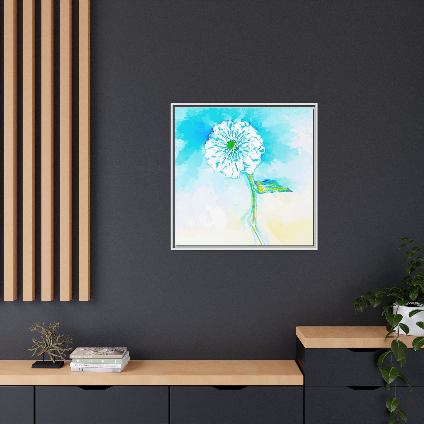 Zinnia Color Splash Matte Canvas Aqua Framed