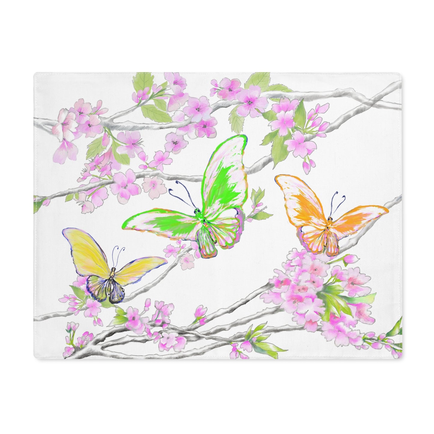 Butterfly Blossom Whirl Cotton Placemat, 1pc Green, Background Creamier White, #5