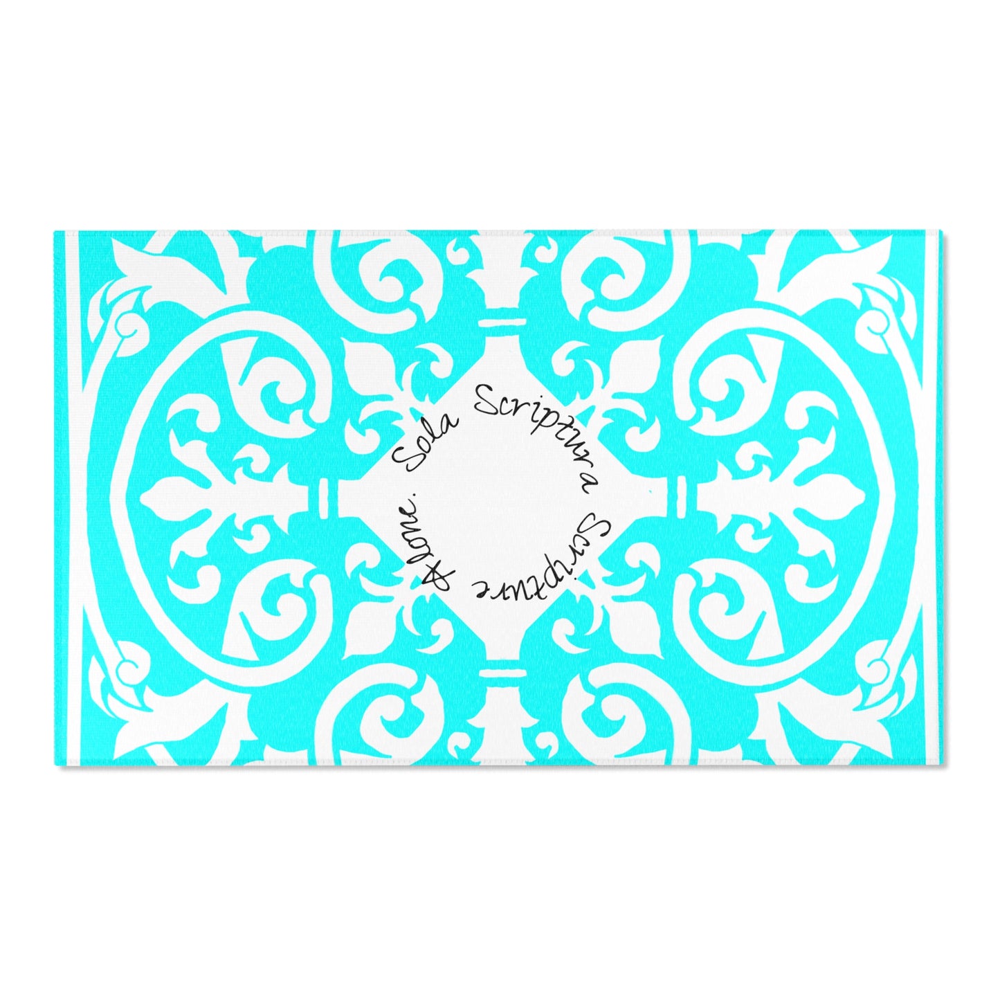 Scrollwork Indoor/Outdoor Rug Aqua "Sola Scriptura..."