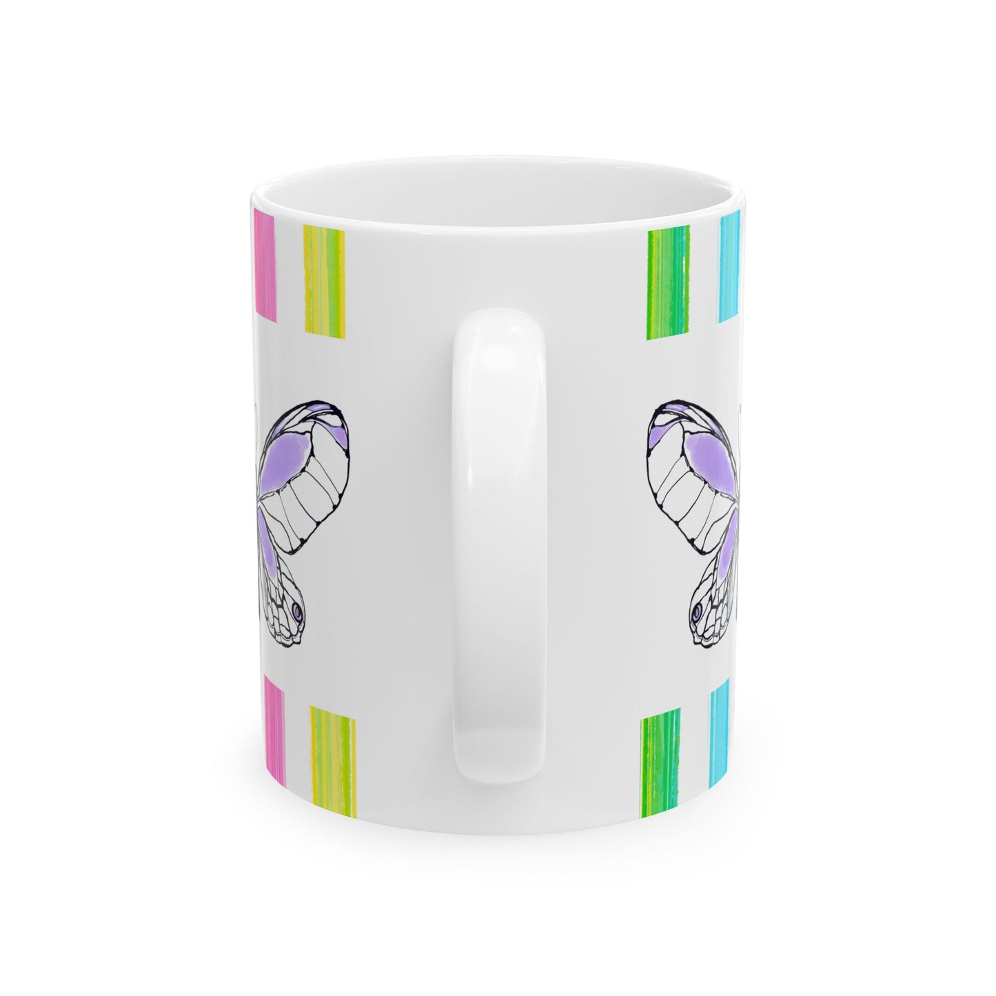 Butterfly Flutterstripe Ceramic Mug in Lavender with Multi-color Striped Border, (Available in 2 sizes 11oz and 15oz)