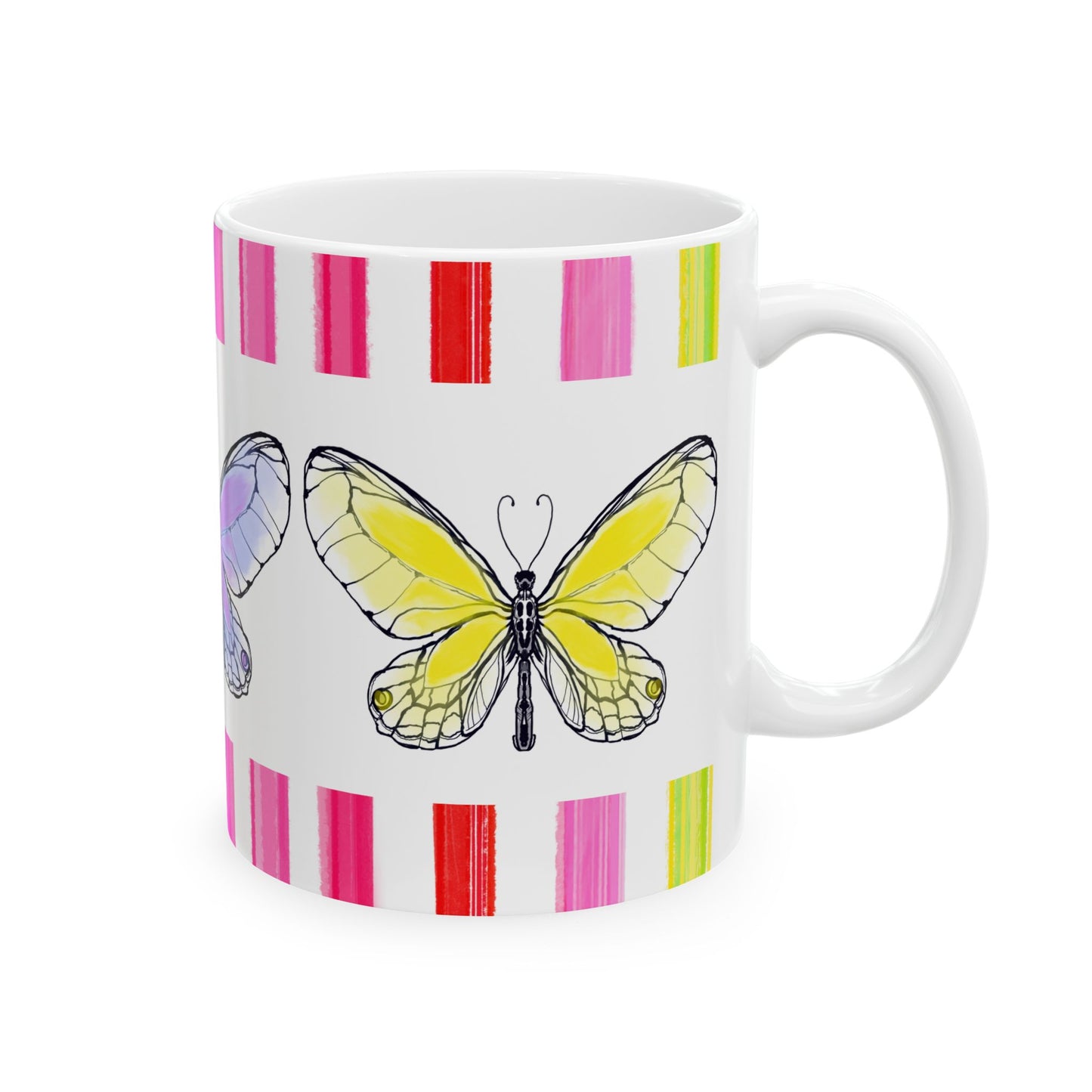 Butterfly Rainbow Stripe Ceramic Mug in Lavender, Yellow, and Green with Multi-color Striped Border, (Available in 2 sizes 11oz and 15oz)