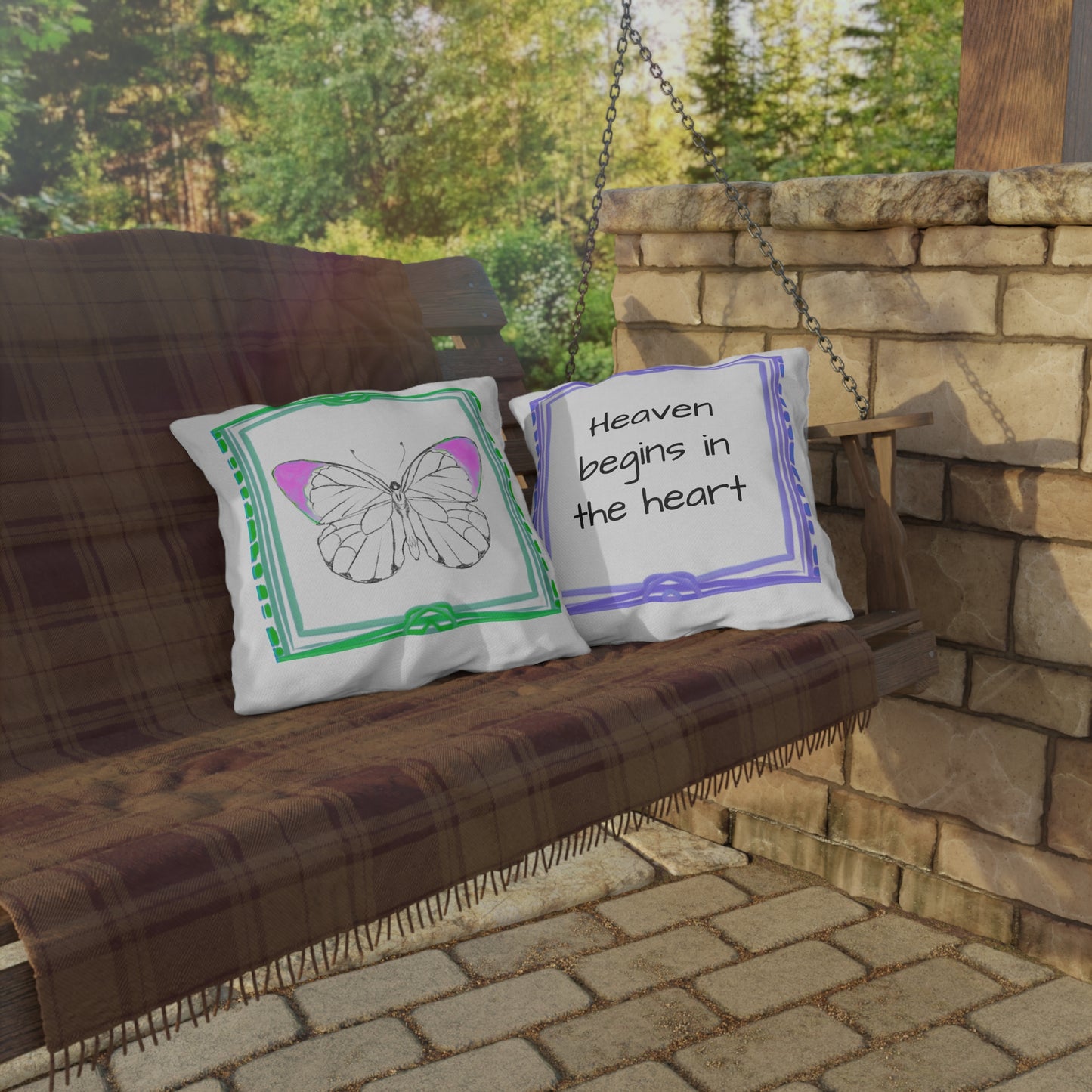 Chroma Outdoor Pillow Raspberry Green "Heaven begins in..."