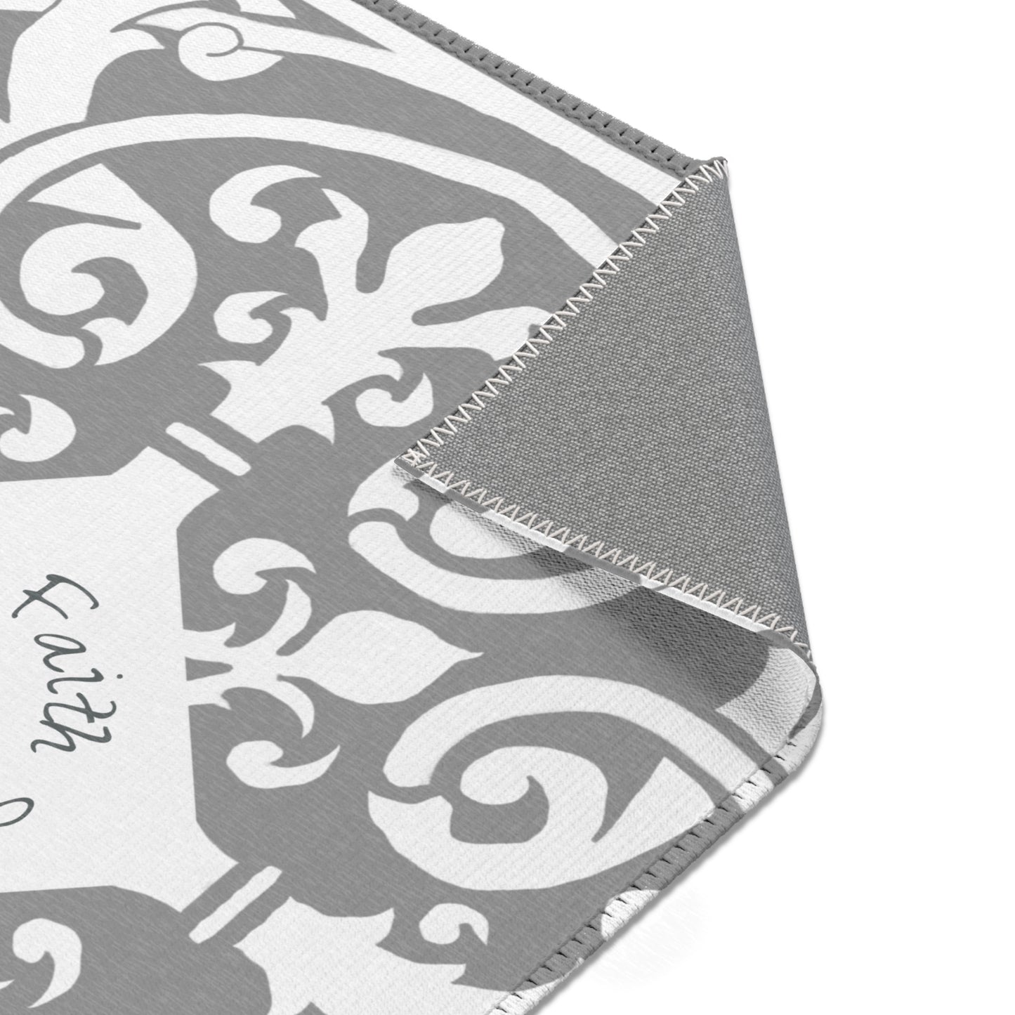 Scrollwork Indoor/Outdoor Rug Gray "Sola Fide..."