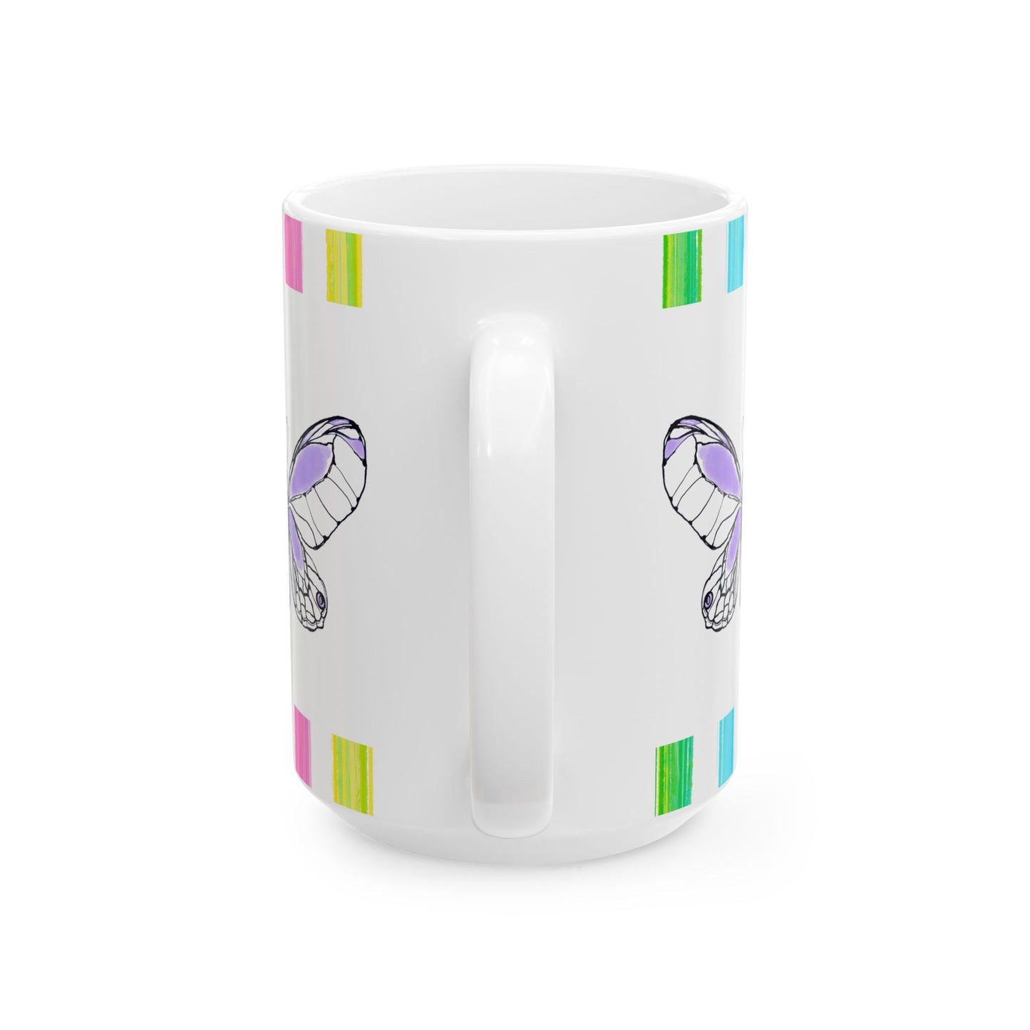Butterfly Flutterstripe Ceramic Mug in Lavender with Multi-color Striped Border, (Available in 2 sizes 11oz and 15oz)