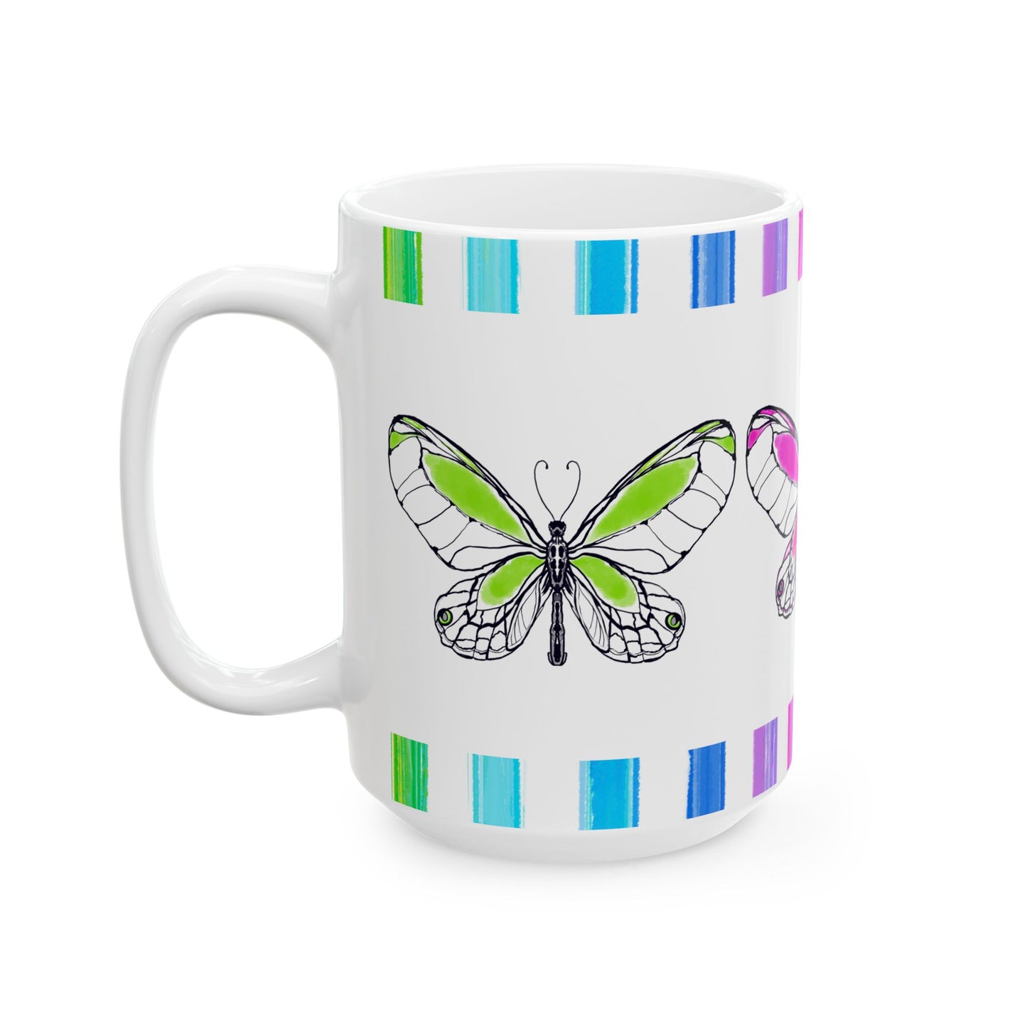 Butterfly Rainbow Stripe Ceramic Mug in Pink, Yellow, and Green with Multi-color Striped Border, (Available in 2 sizes 11oz and 15oz)