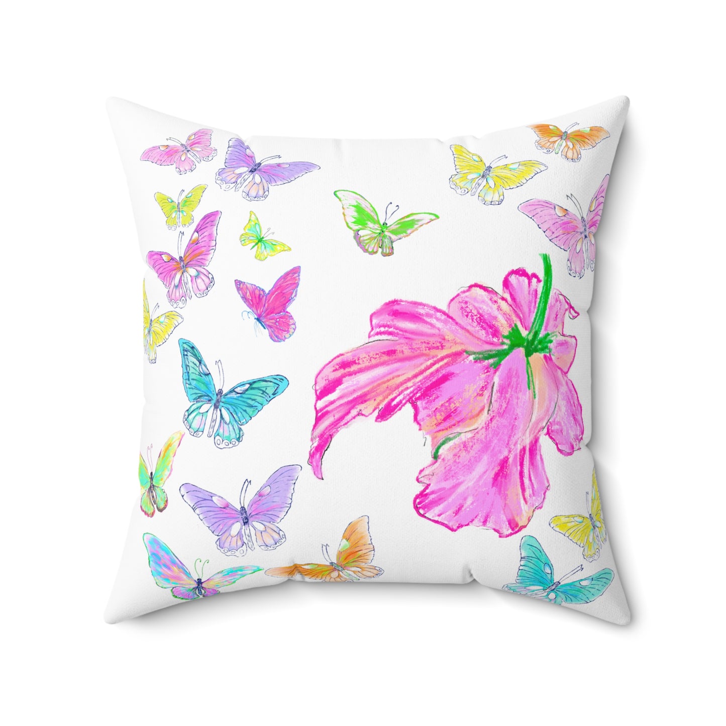 Dancing Tulips Butterflies Spun Polyester Square Pillow. Multi-Color Butterflies, Pink Tulip