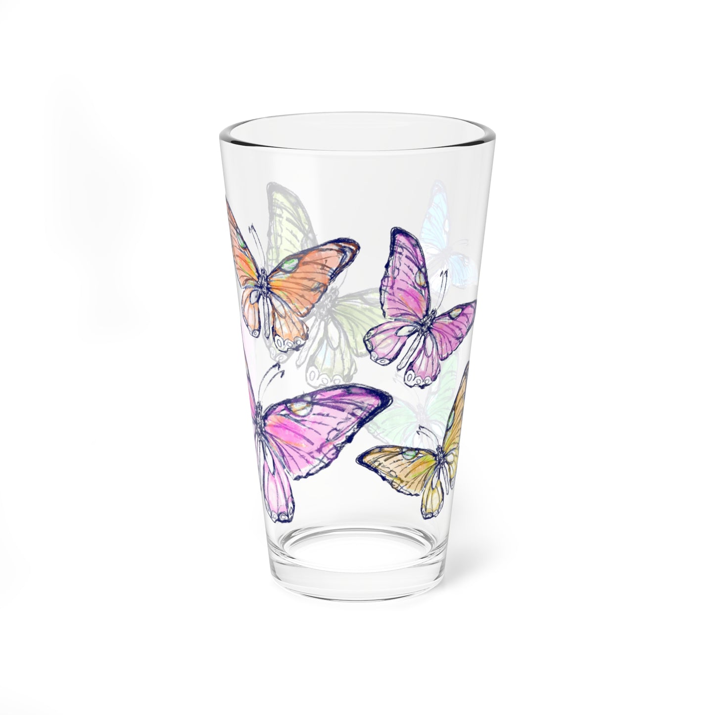 Blossom Whirl Pint Glass, 16oz Largest Butterfly is Pink