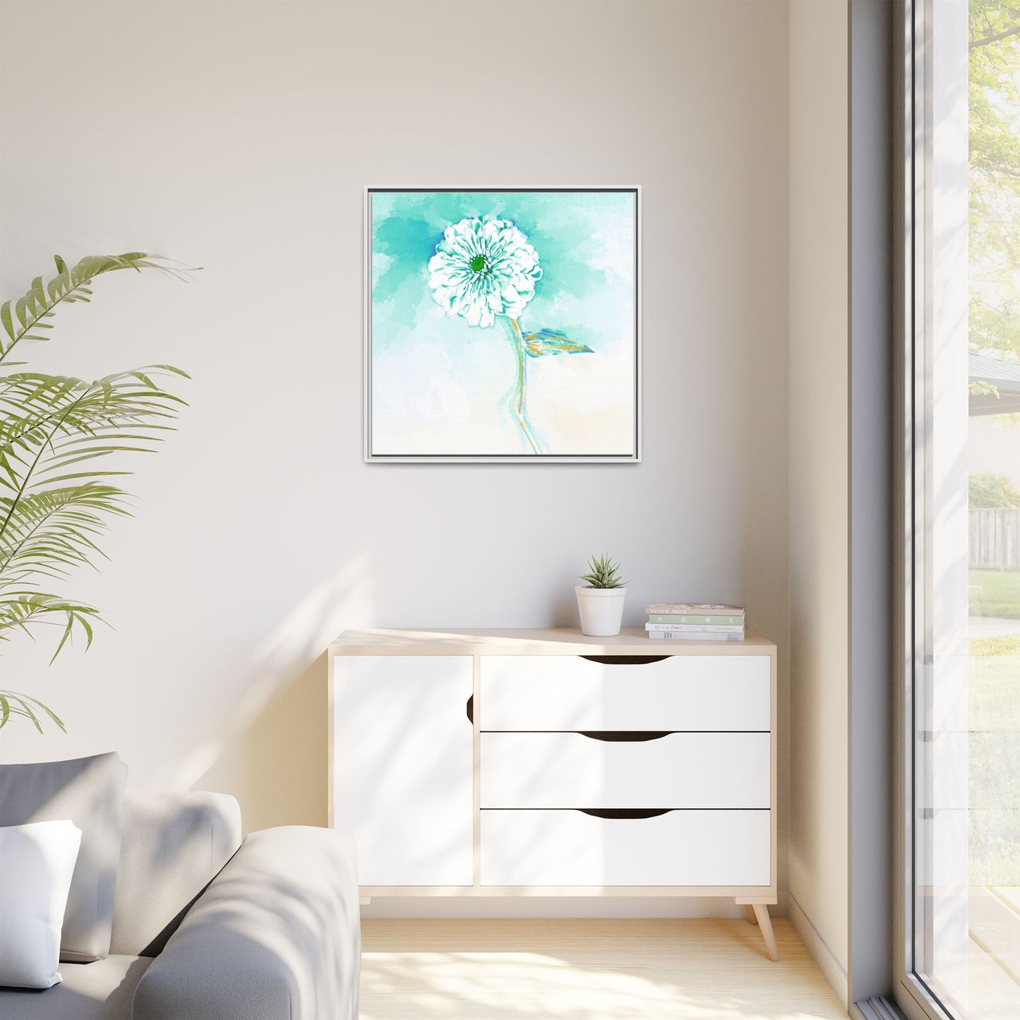 Zinnia Color Splash Matte Canvas Green Aqua Framed