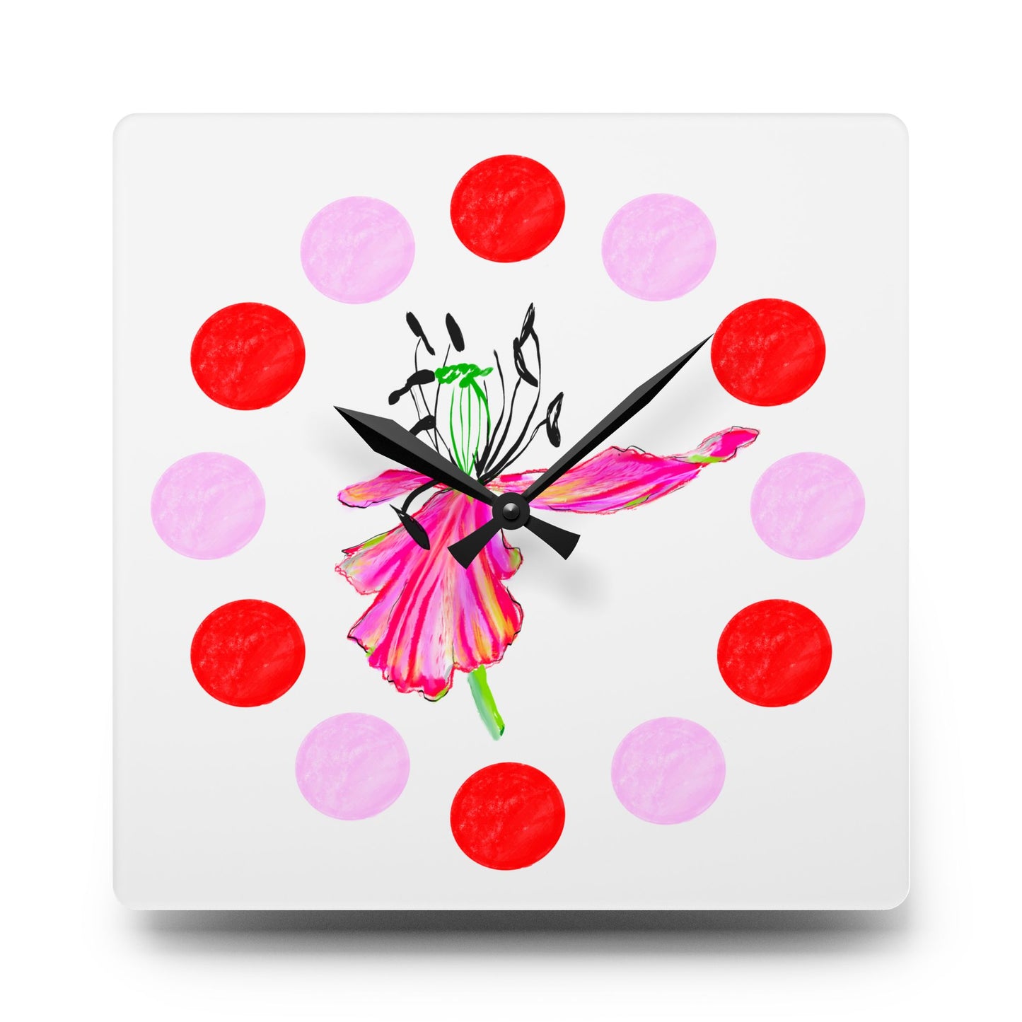 Tulip Love Acrylic Wall Clock, Pink and Red polka dots tulip