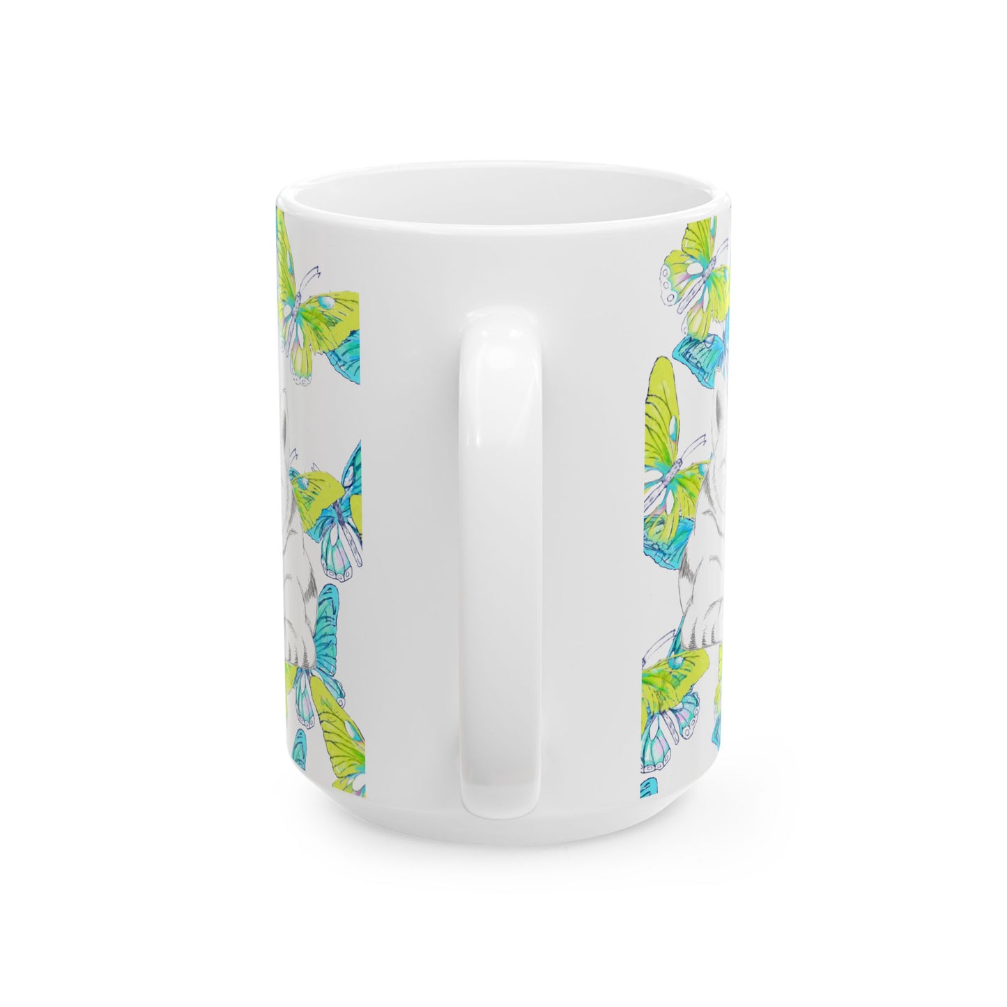 Kitty Flutter Ceramic Mug, Aqua/Lime, (11oz, 15oz)
