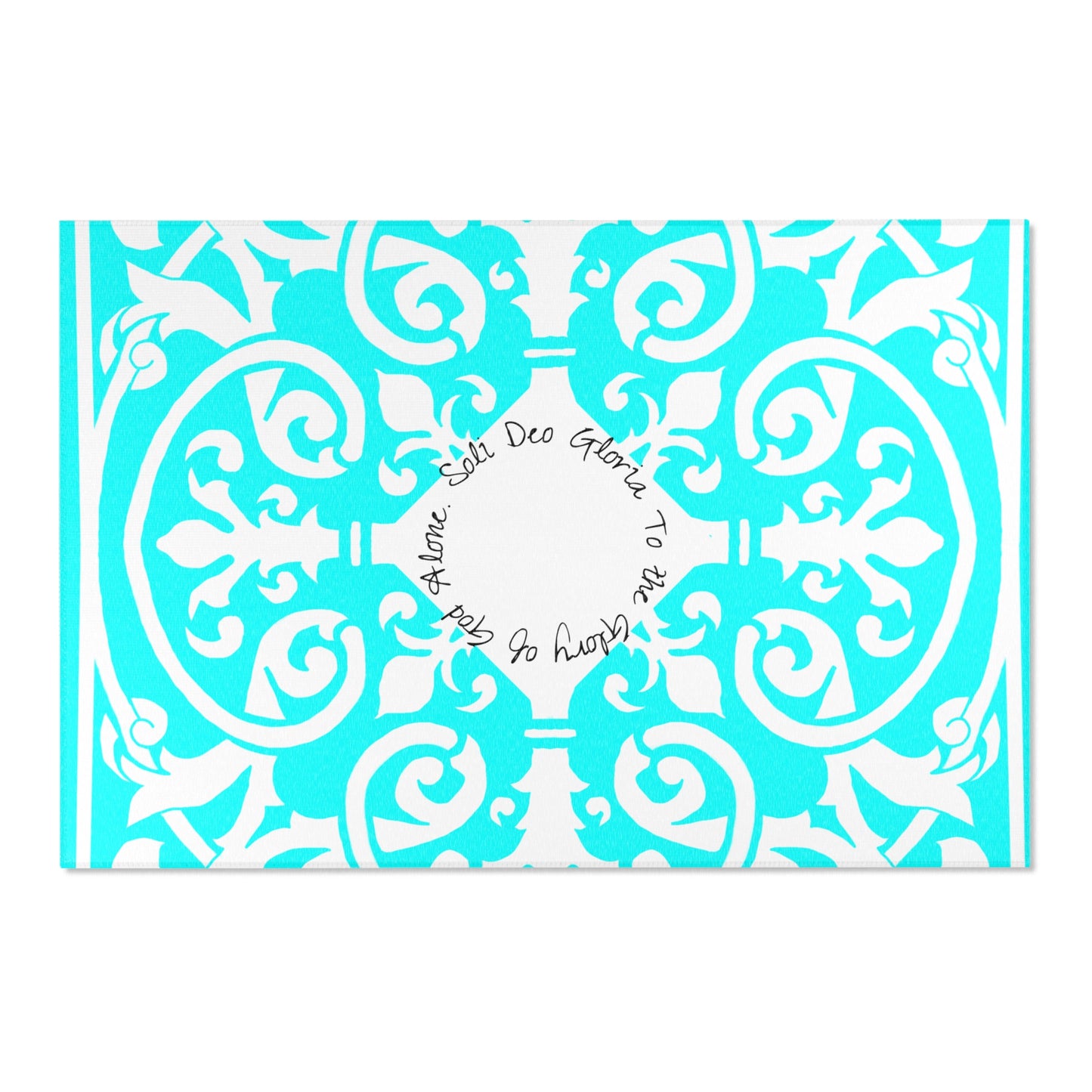 Scrollwork Indoor/Outdoor Rug Aqua "Soli Deo Gloria..."