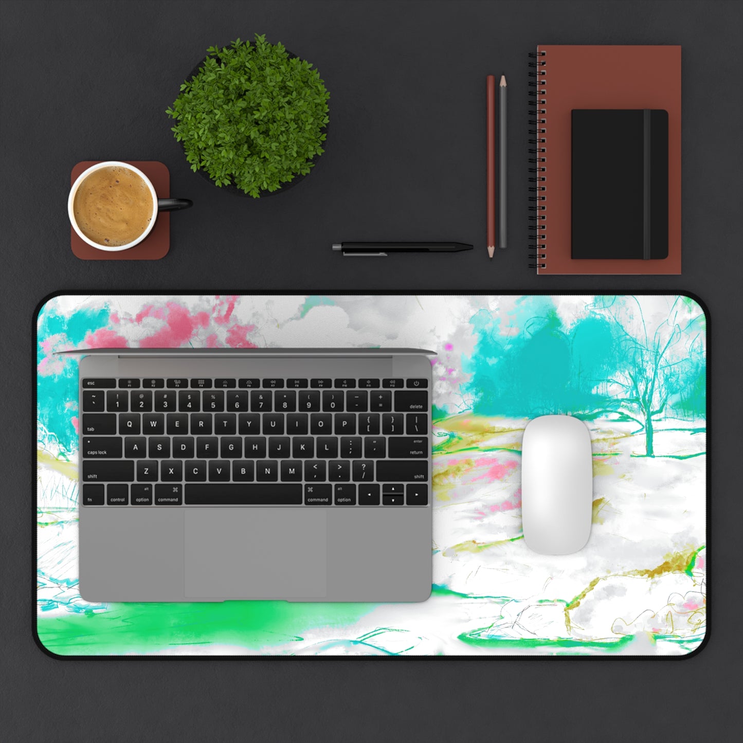Joyful Landscapes Desk Mat, Aqua, Green, Raspberry