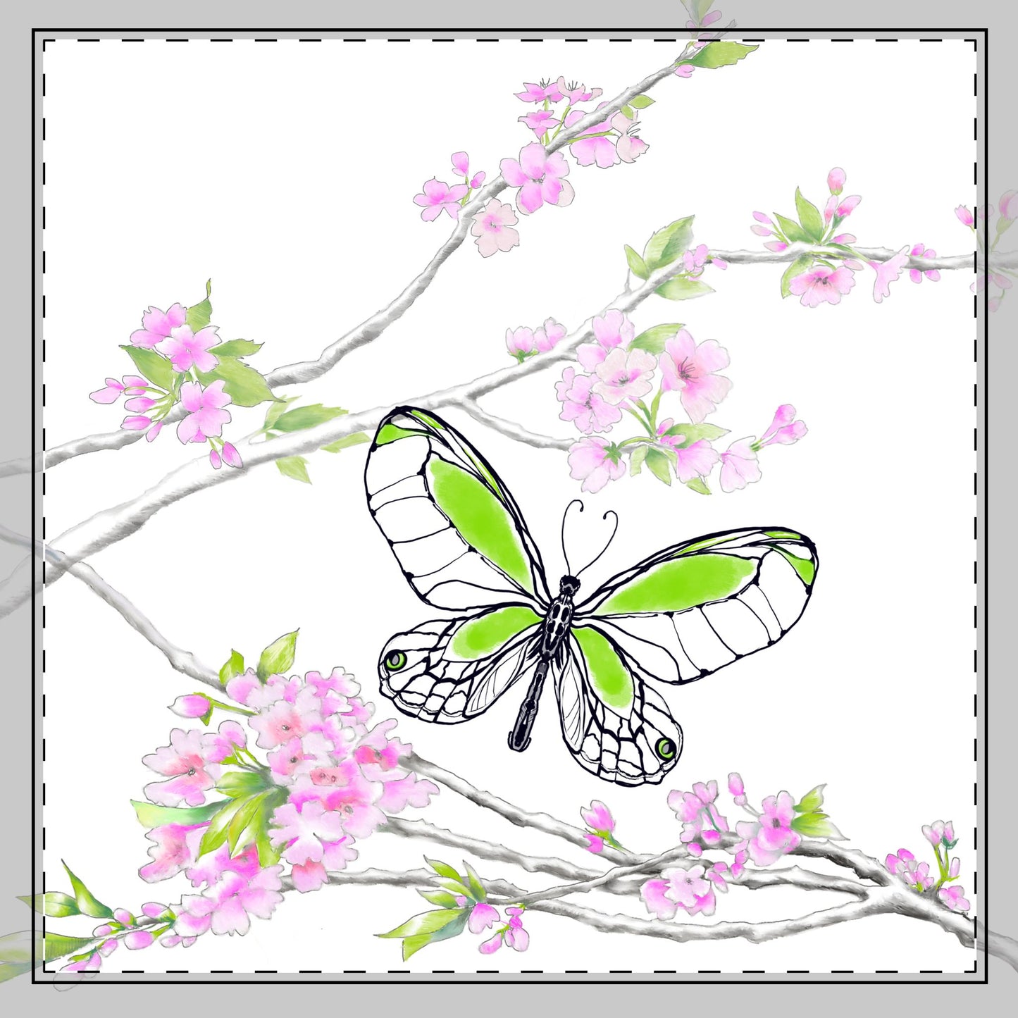 Butterfly Blossom Romp Cotton Twill Napkin , Green, Fabric Background Creamy White, #8