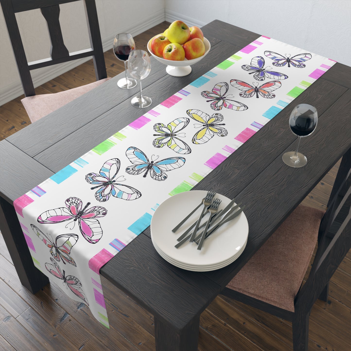 Butterfly Flutterstripe Table Runner in Multi-color With Pink, Blue, Green Border 1 size ( 16" × 72")  (available in Cotton (Creamier) & Polyester (Whiter)