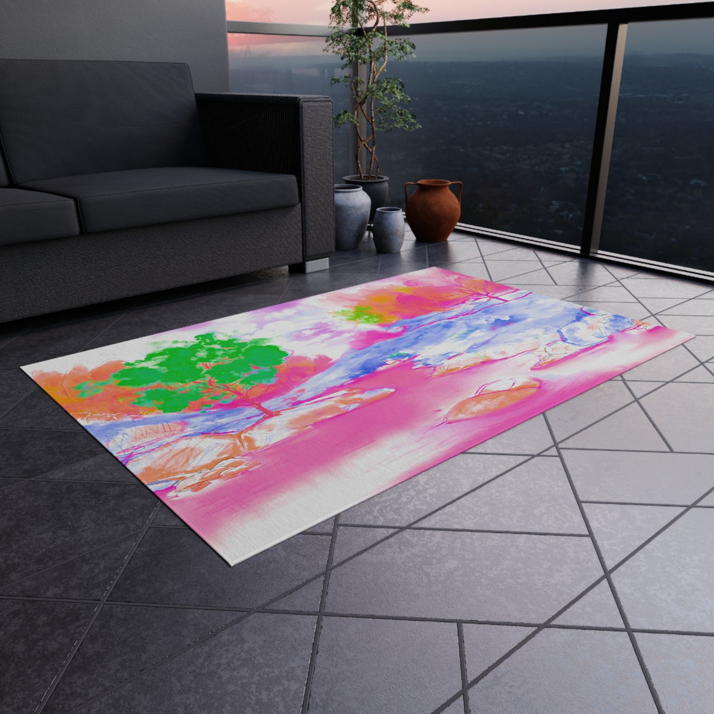 Joyful Landscapes Indoor/Outdoor Rug, Raspberry, Blue and Green, Non-Slip