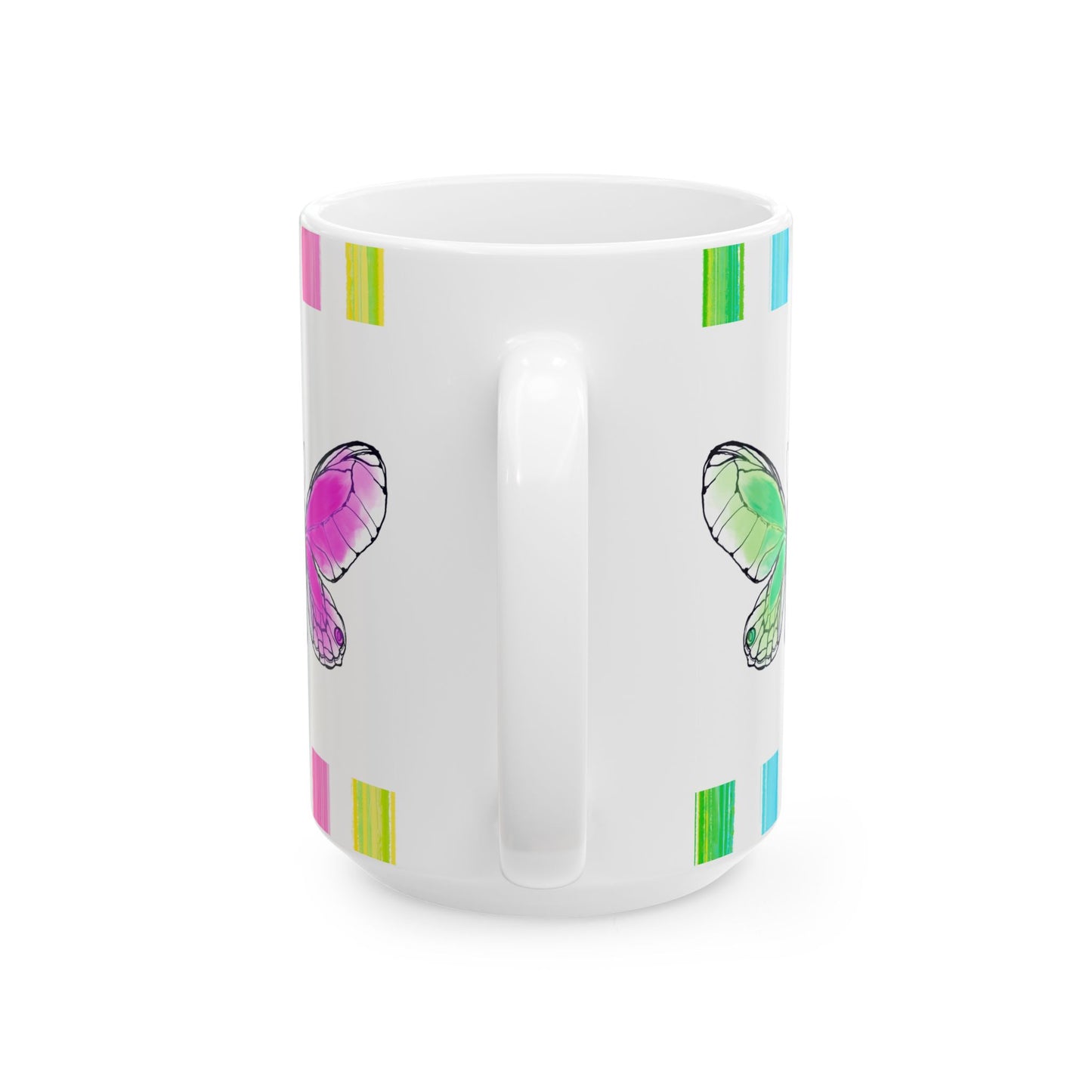 Butterfly Rainbow Stripe Ceramic Mug in Lavender, Pink, and Green with Multi-color Striped Border, (Available in 2 sizes 11oz and 15oz)